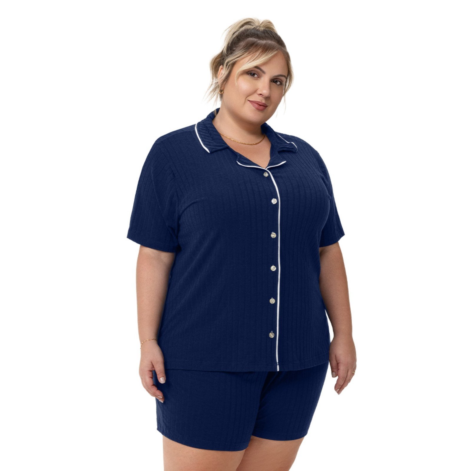 Pijama Curto Abertura Frontal com Botões Plus Size Marinho