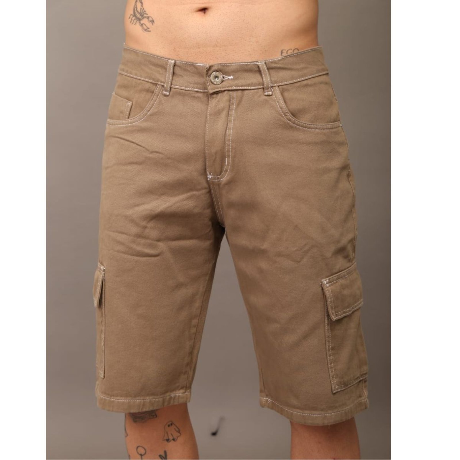 Bermuda Bege com Costura Branca Sarja Masculina Jeans Loka