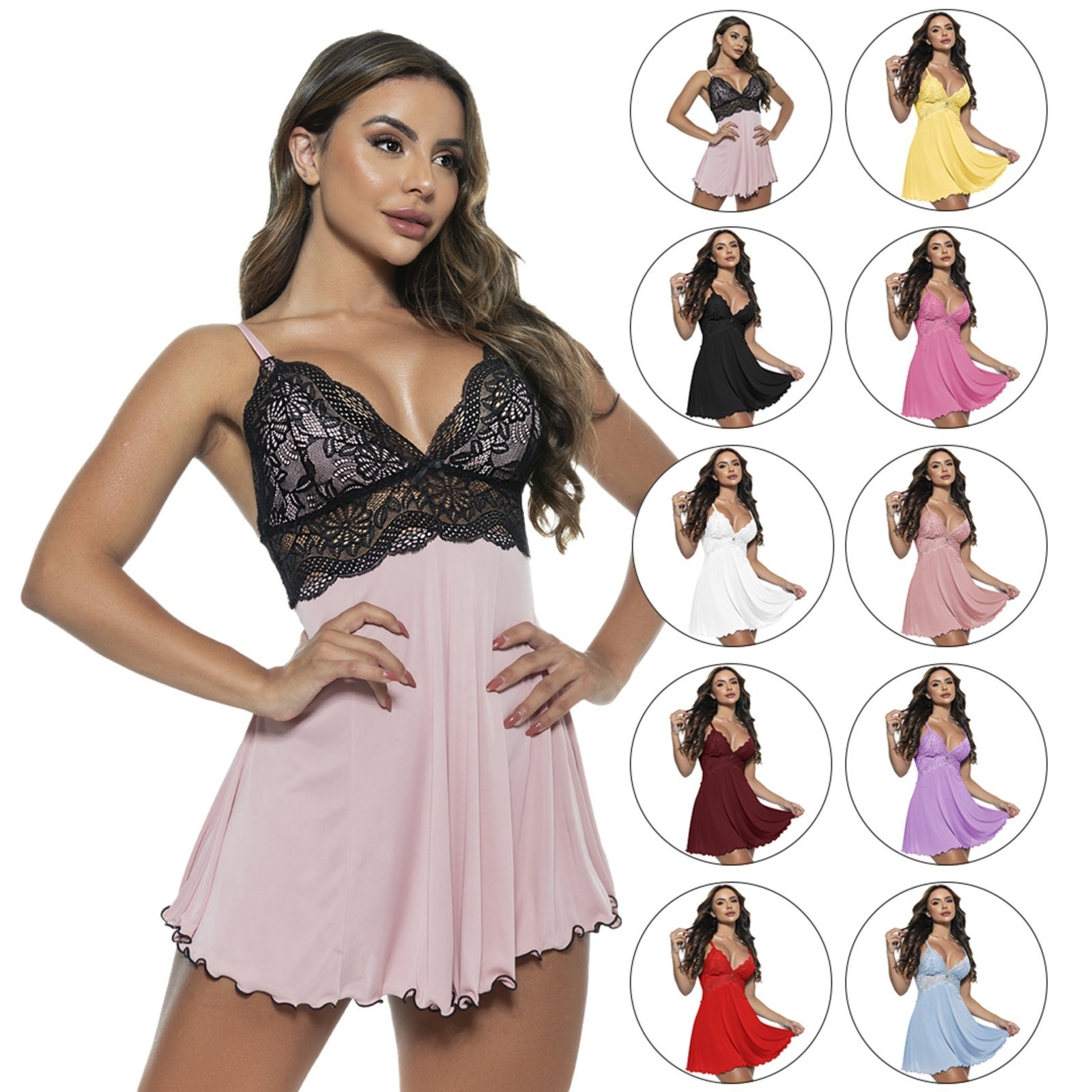 Kit 2 Camisolas Microfibra Gabi Lingerie Sem Bojo Pijama Flexível Detalhes em Renda Noite Sensual Multicolorido