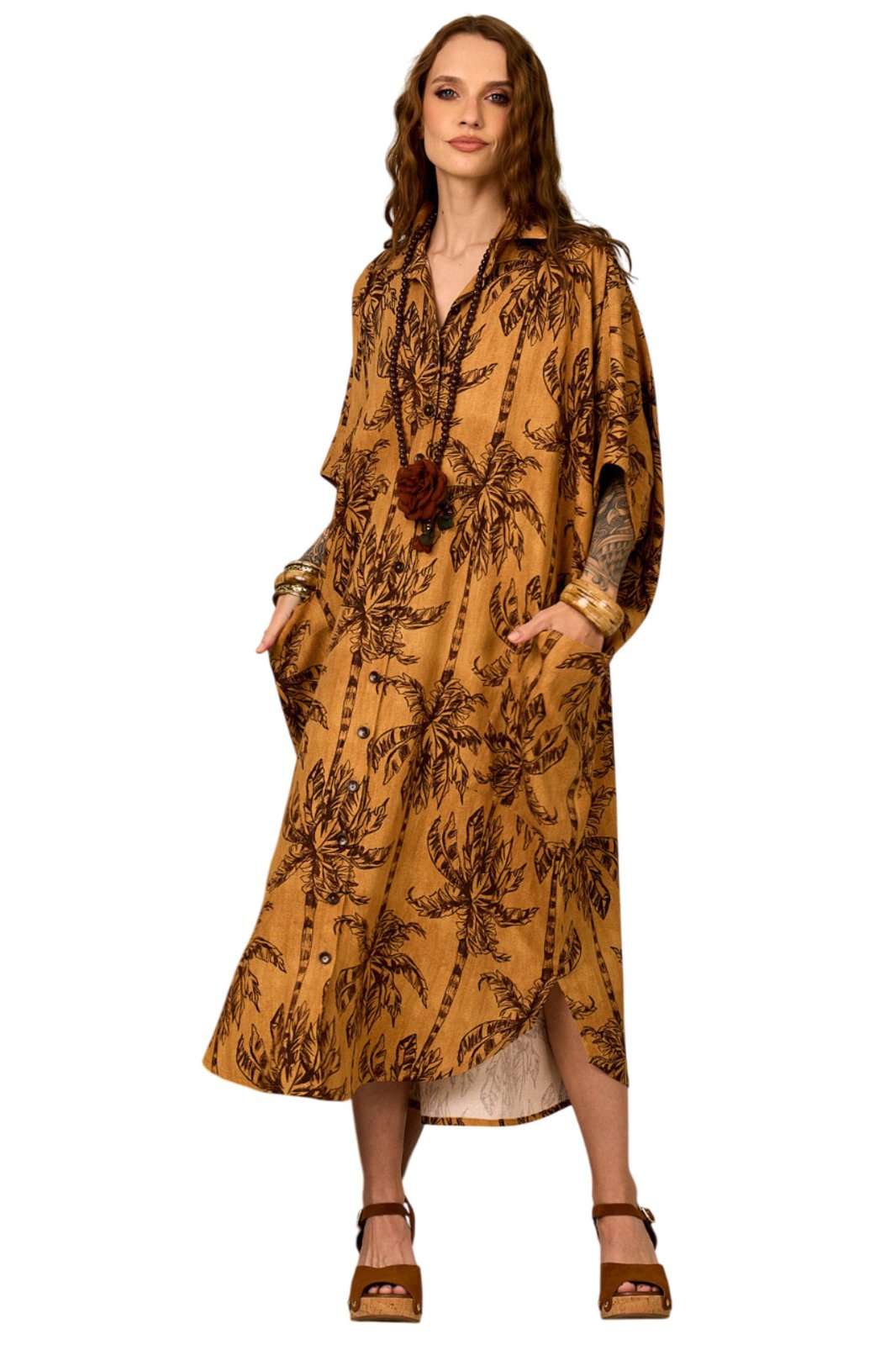 Chemise Midi Viscolinho Marrom Estampa De Coqueiros Yacamim P1 – Estampado