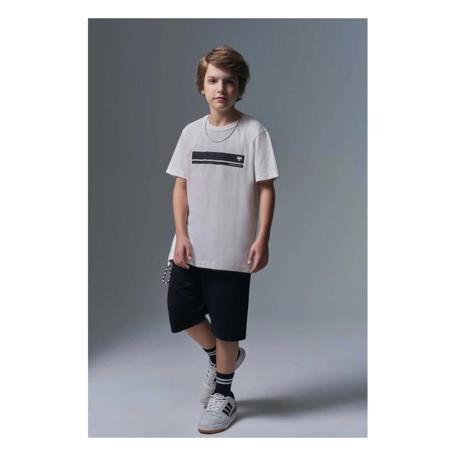 Infantil - Conjunto Camiseta Bermuda Estiloso Johnny Fox Branco Preto 10 Branco