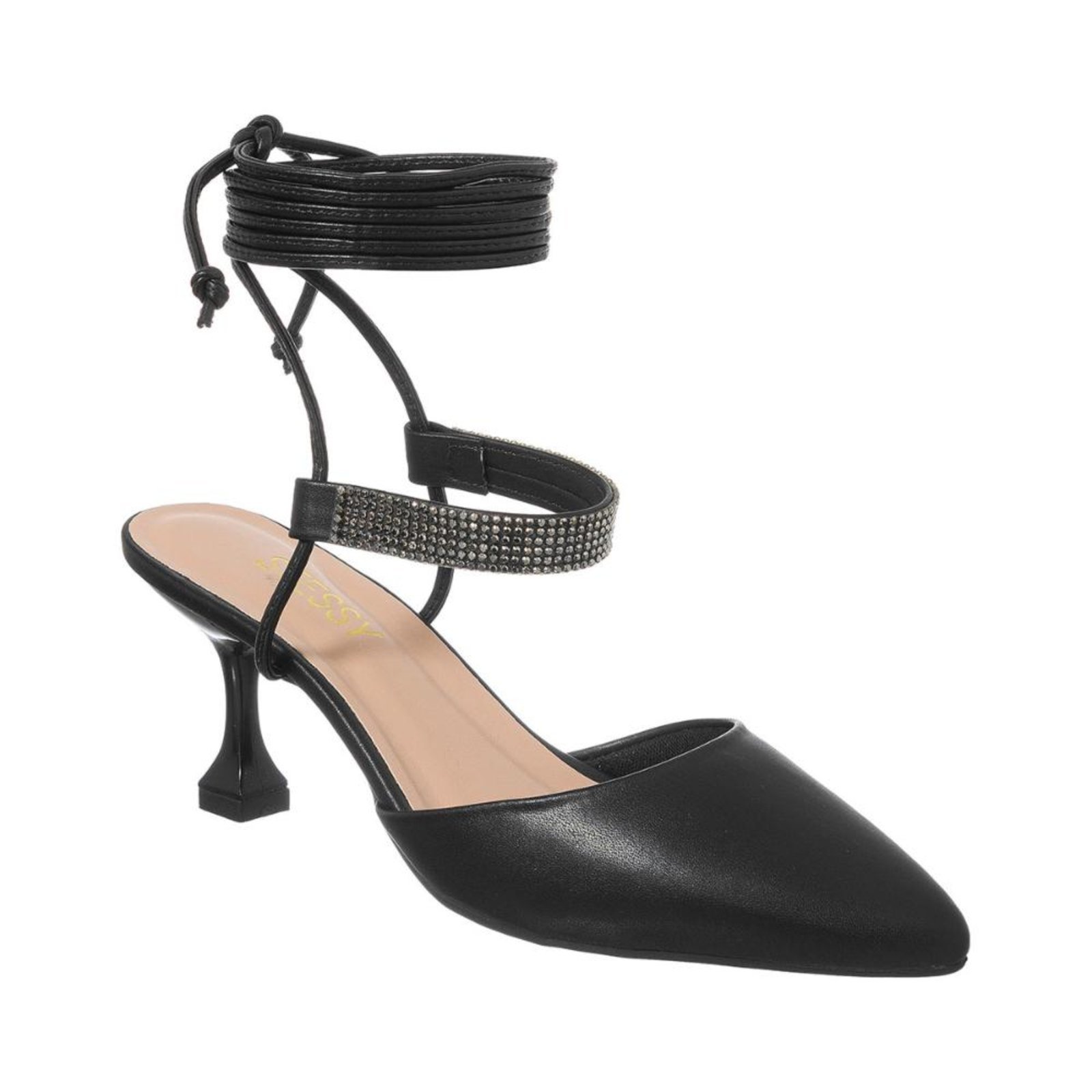 Scarpin Bico Fino Salto Taça Baixo Strass Amarrar Confort Preto