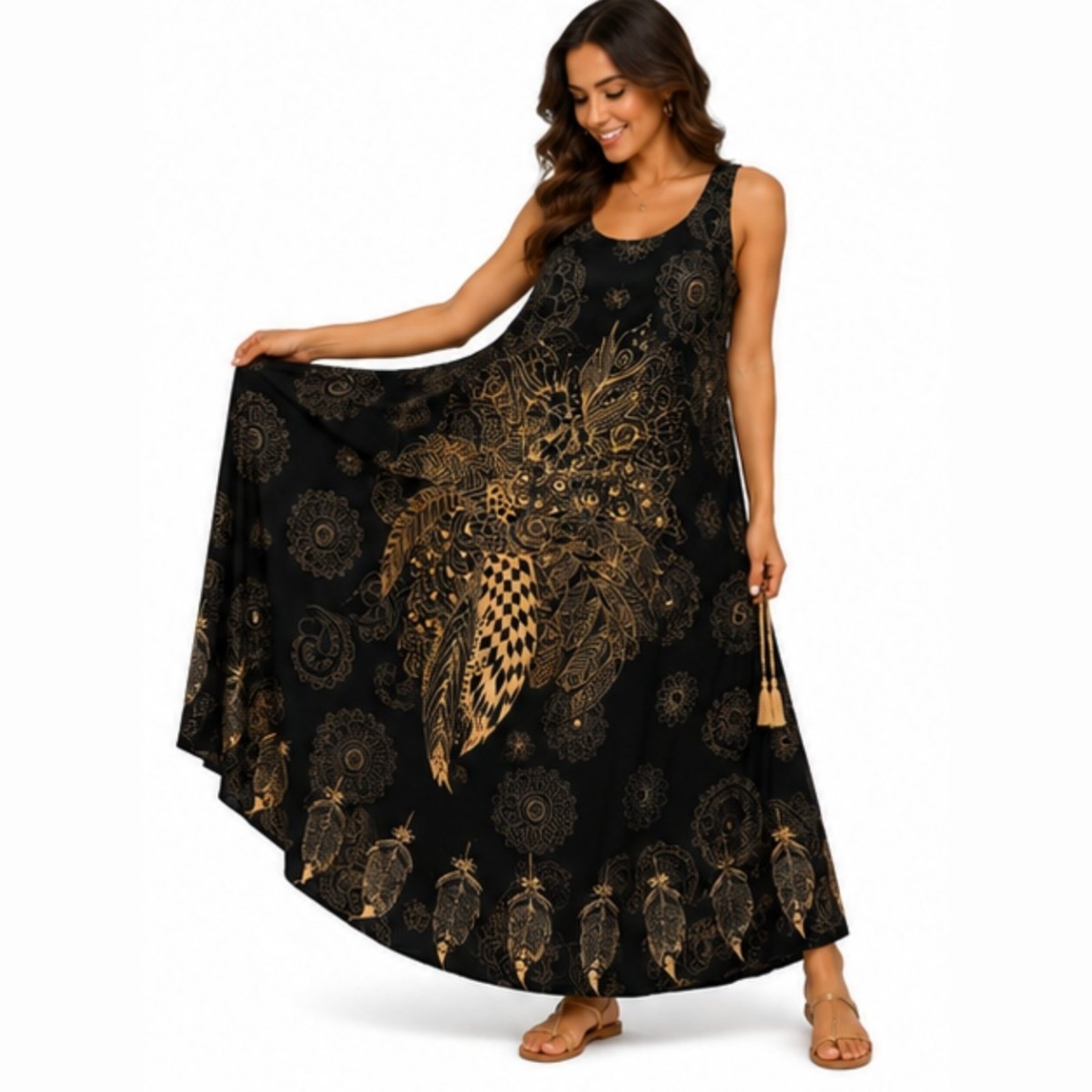 Vestido Longo Feminino Viscose Estampado com Bolso e Alça Ajustável Preto