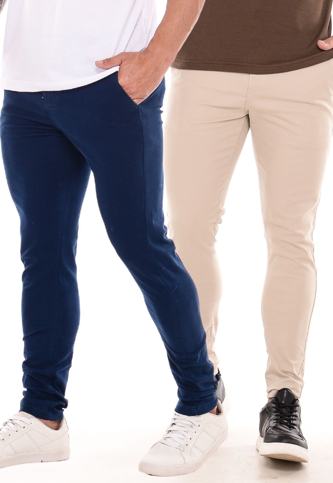 Kit 2 Calças Sarja Masculina Ethereal Jeans Confortável e Estilosa Azul e Bege