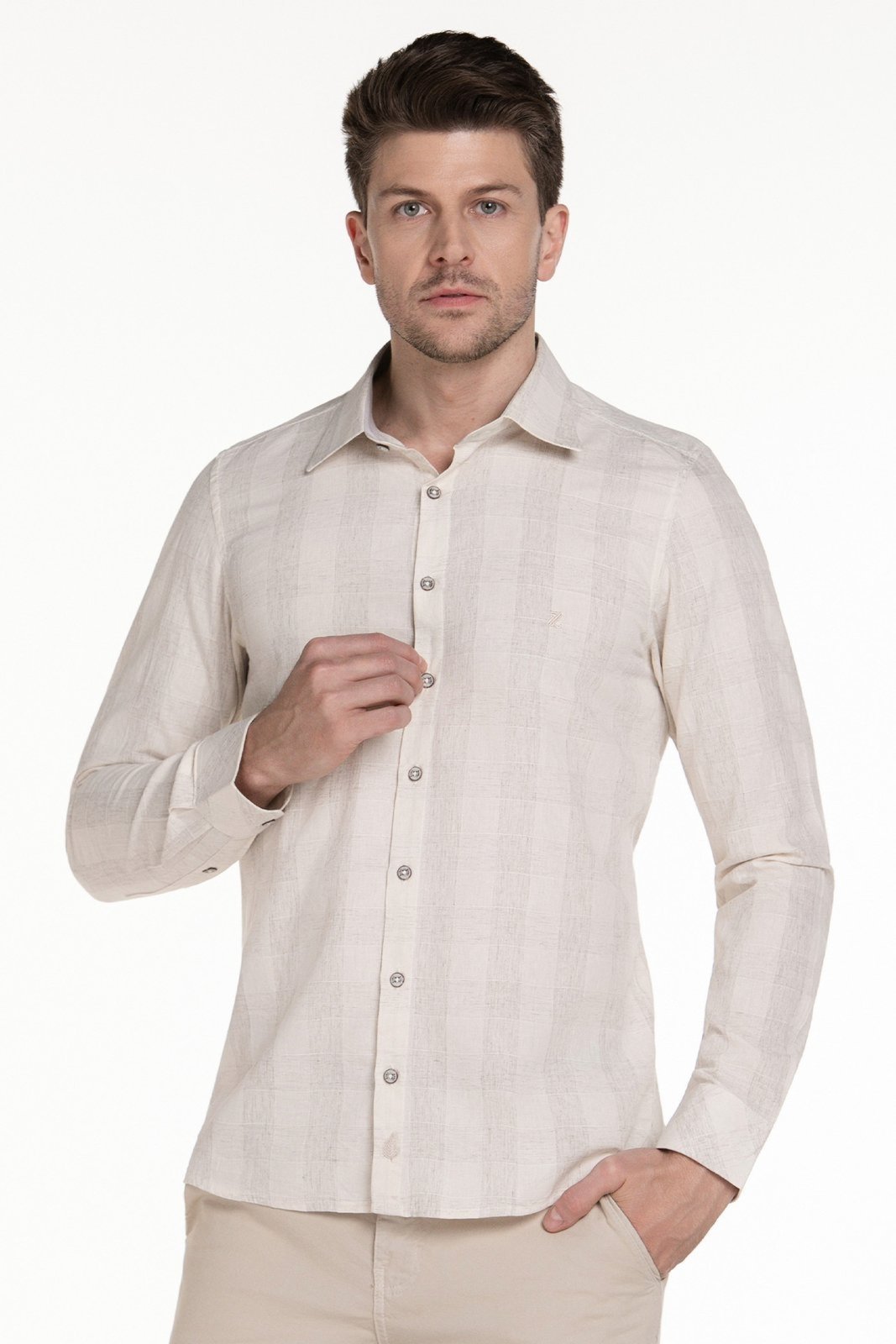 Camisa Xadrez Toque Linho Slim Manga Longa Natural – Zaiko