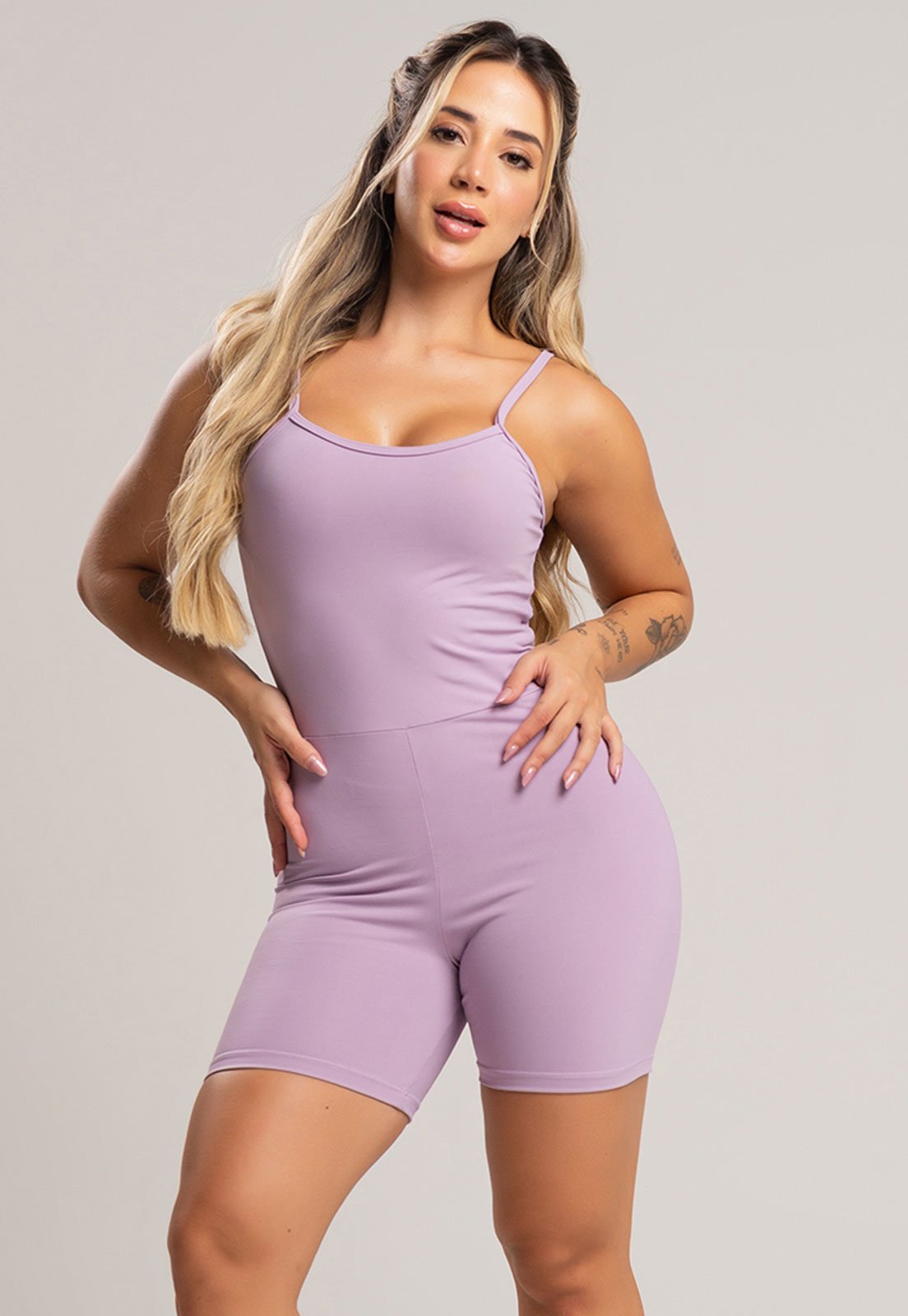 Macaquinho Fitness MVB Modas Alcinha Costas Nua Poliamida Lavanda