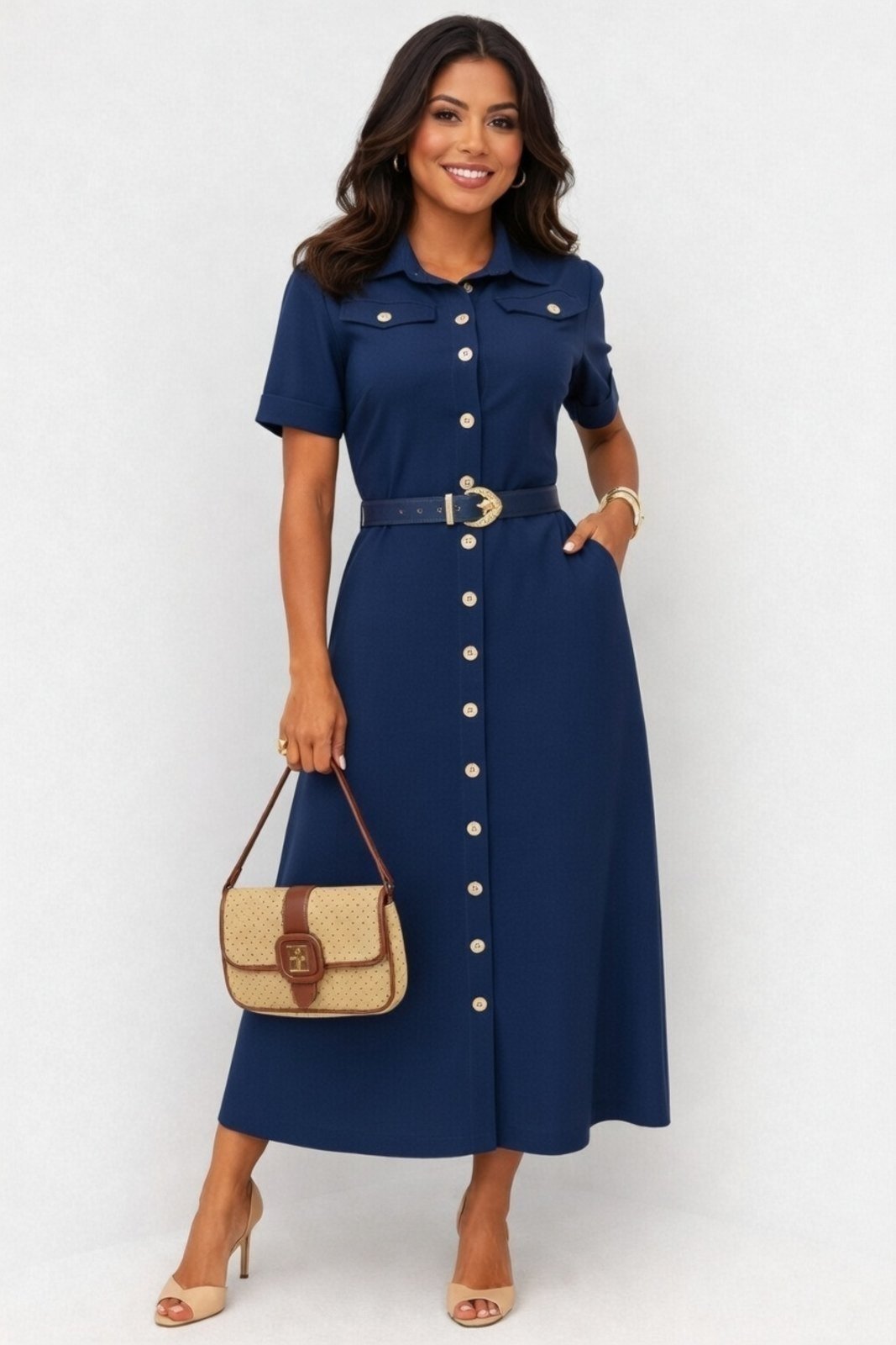 Vestido Longo D Bell Outlet Fashion Bolso Cinto Forrado Azul
