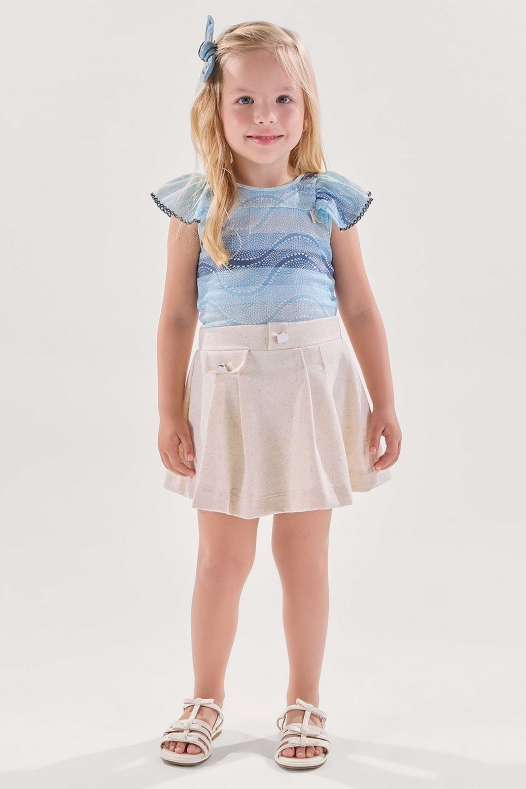 Infantil - Conjunto Blusa Azul com Short-Saia em Moletinho com Linho