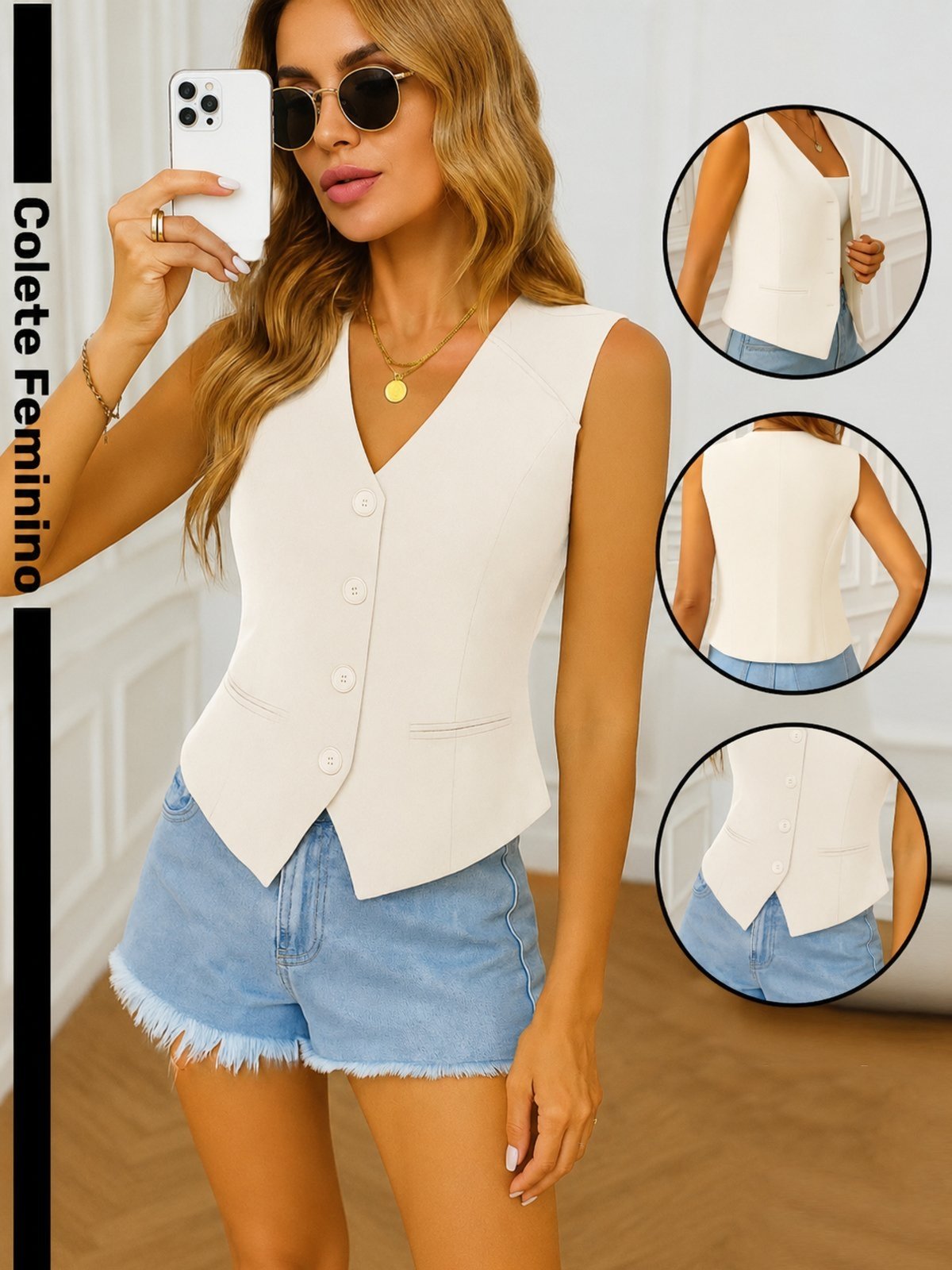 Colete Feminino Alfaiataria Safira Moda Offwhite