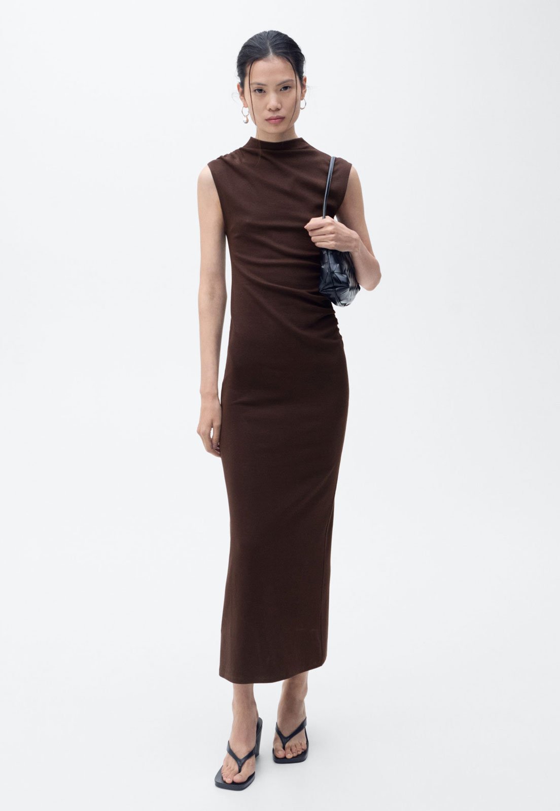 Vestido Feminino Mango Midi Drapeado Marrom