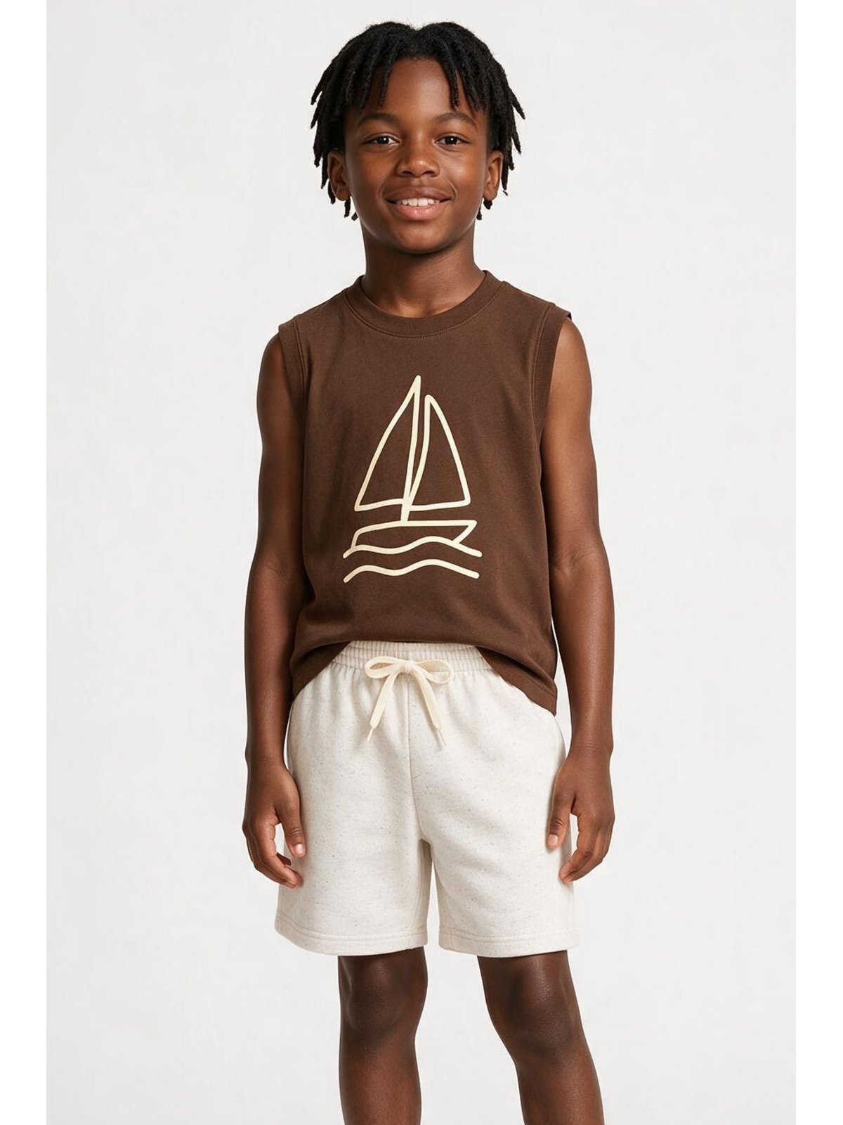 Infantil - Conjunto Regata Masculina Algodão Barco Marrom - Babei no Look