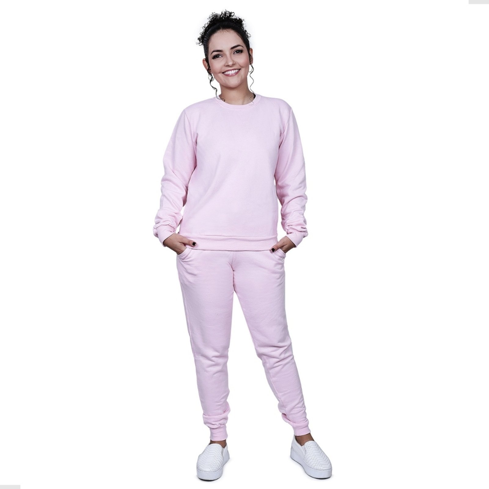 Conjunto Moletom Feminino Techmalhas Blusa Careca e Calça Rosa