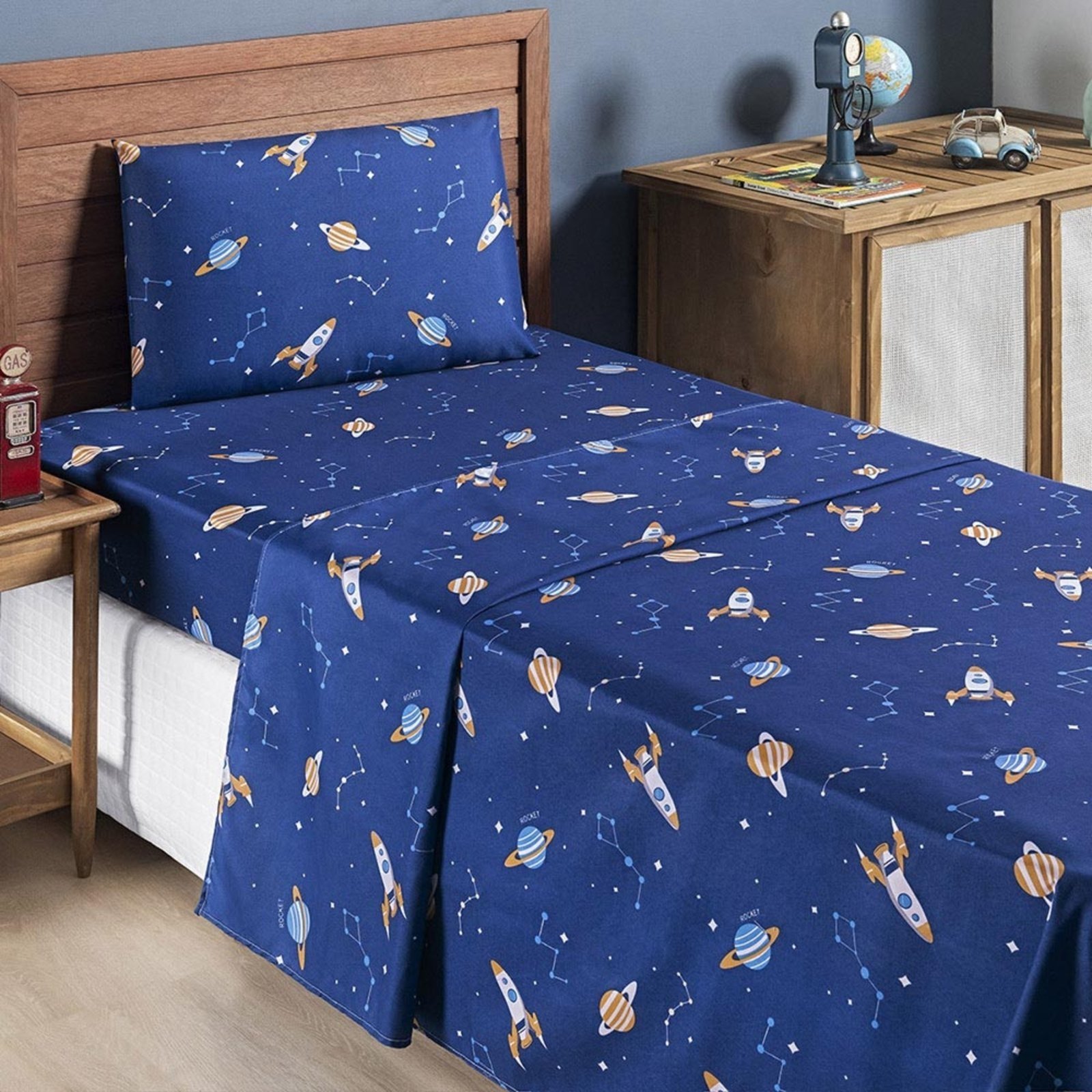 Jogo Cama Lençol Casa Scarpa Fantasy Solteiro Cama Quarto Microfibra 3 Peças Galáxia Espaço Azul