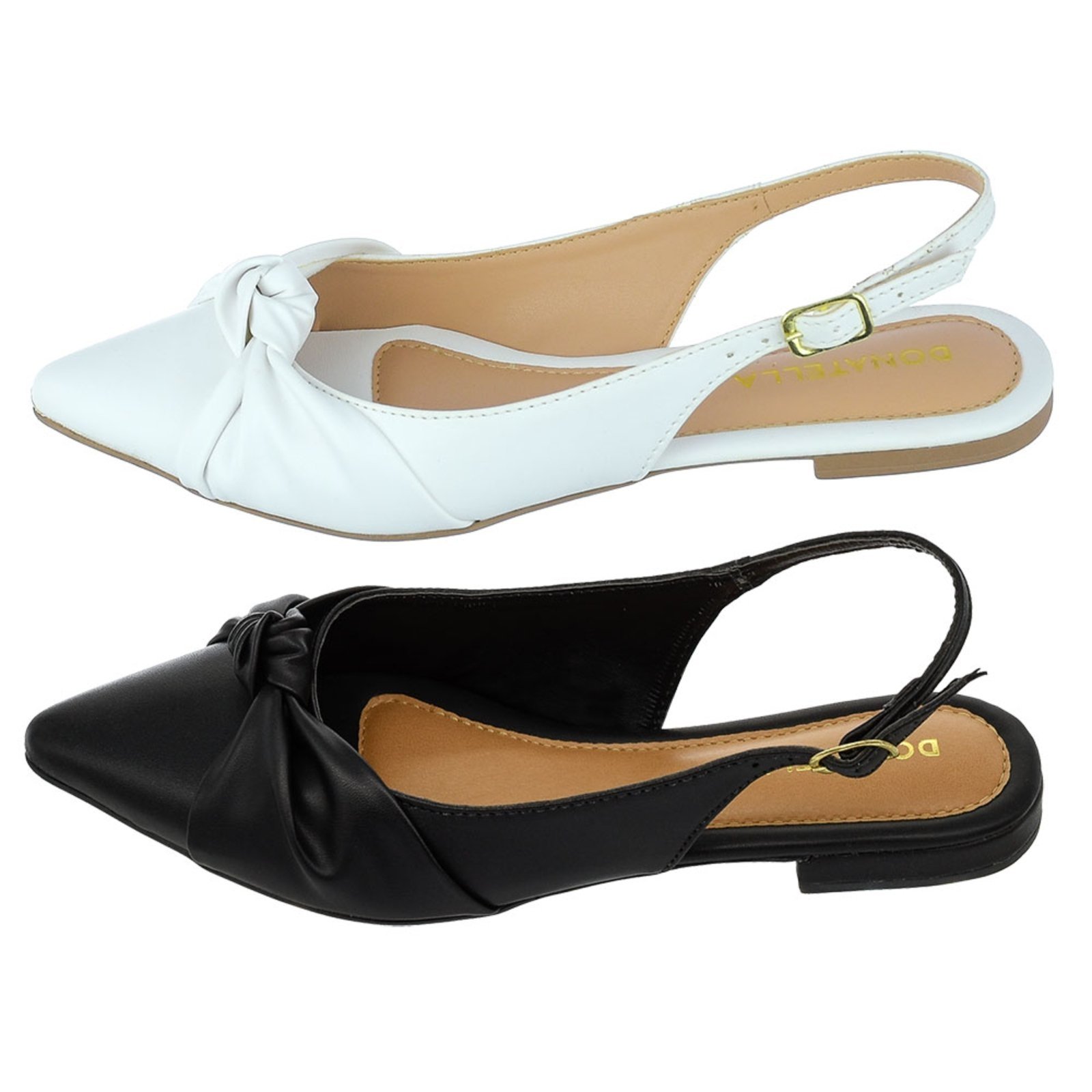 Kit 2 Pares Sapatilha Feminina Bico Fino Mule Slingback CM Calçados Nó Preto e Branco
