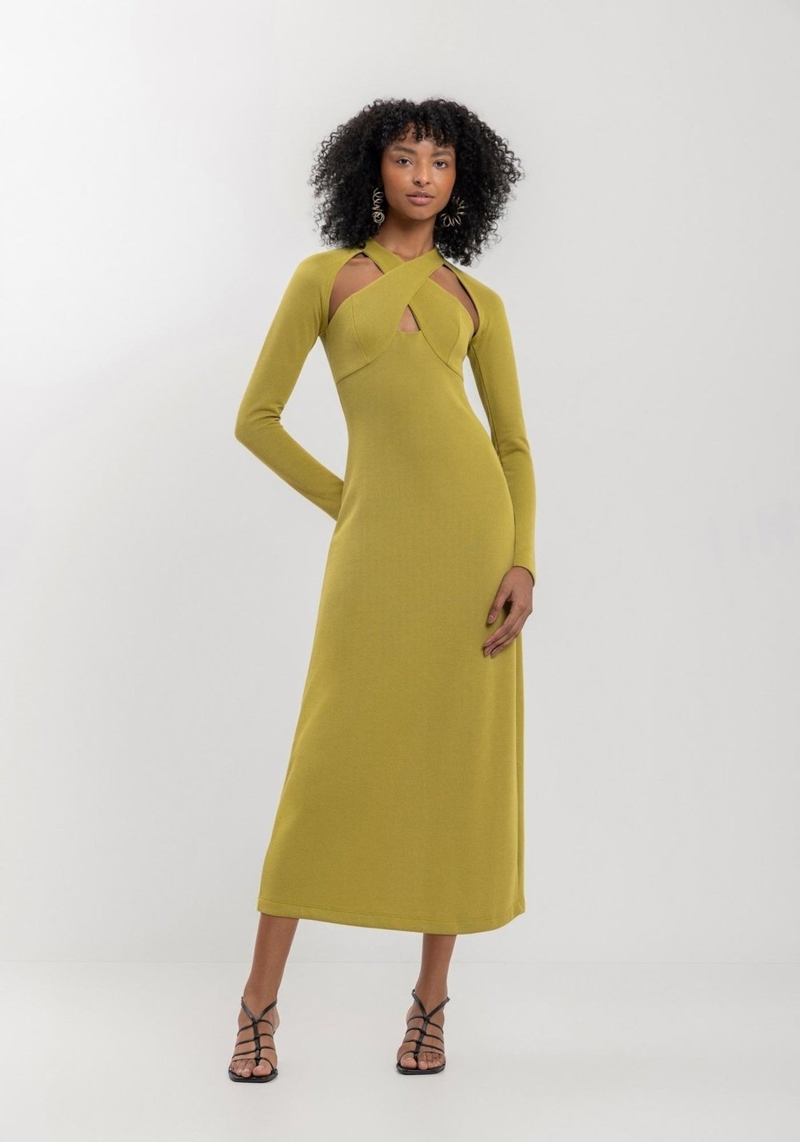 Vestido Midi Chá De Mangas Longas Com Recortes Frontais