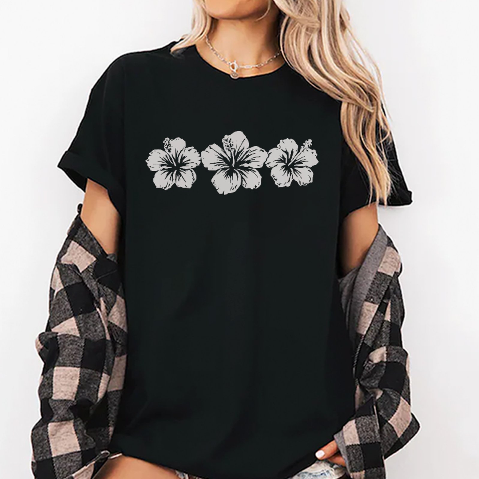 Camiseta Oversized Floral Hibisco Style Unissex Preto