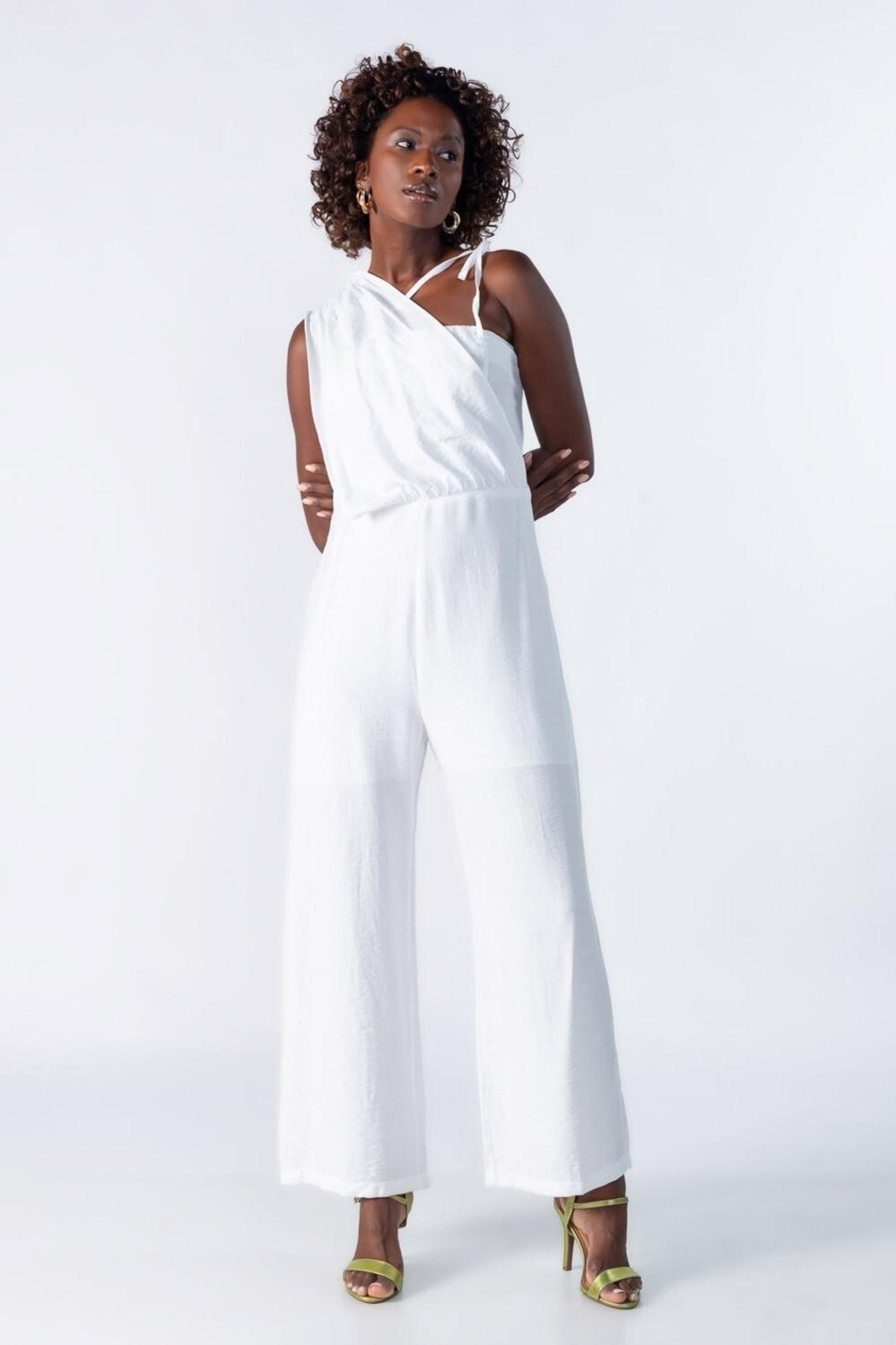 Macacao pantalona um ombro Branco