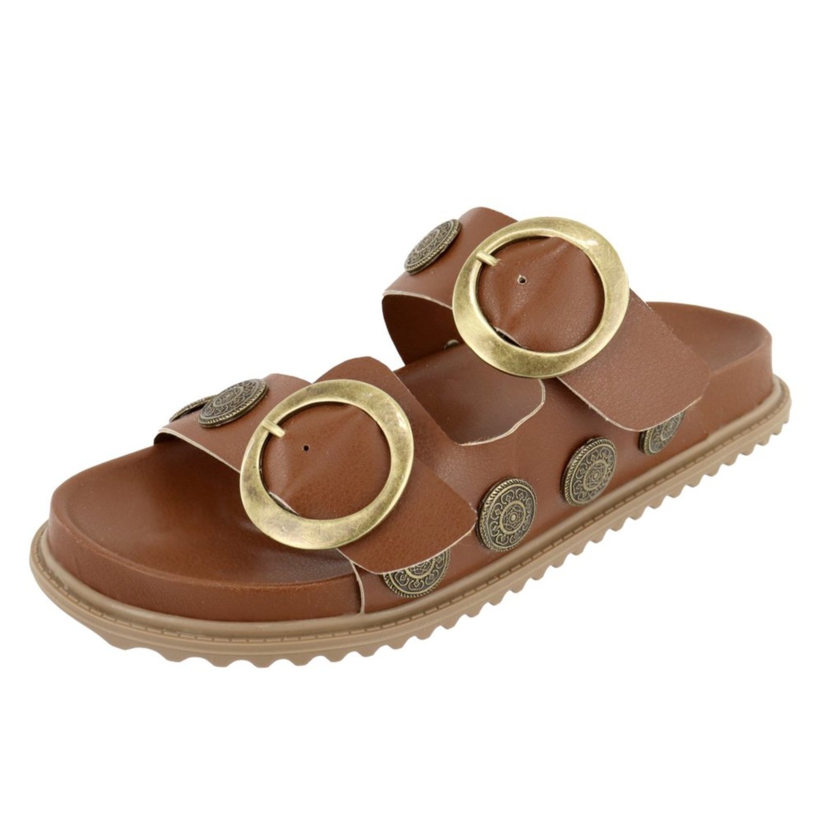 Sandalia Fivela Papete Metal Enfeite Medalha Lateral Rasteira Lançamento Verão Tendência Agnes Veronez Caramelo