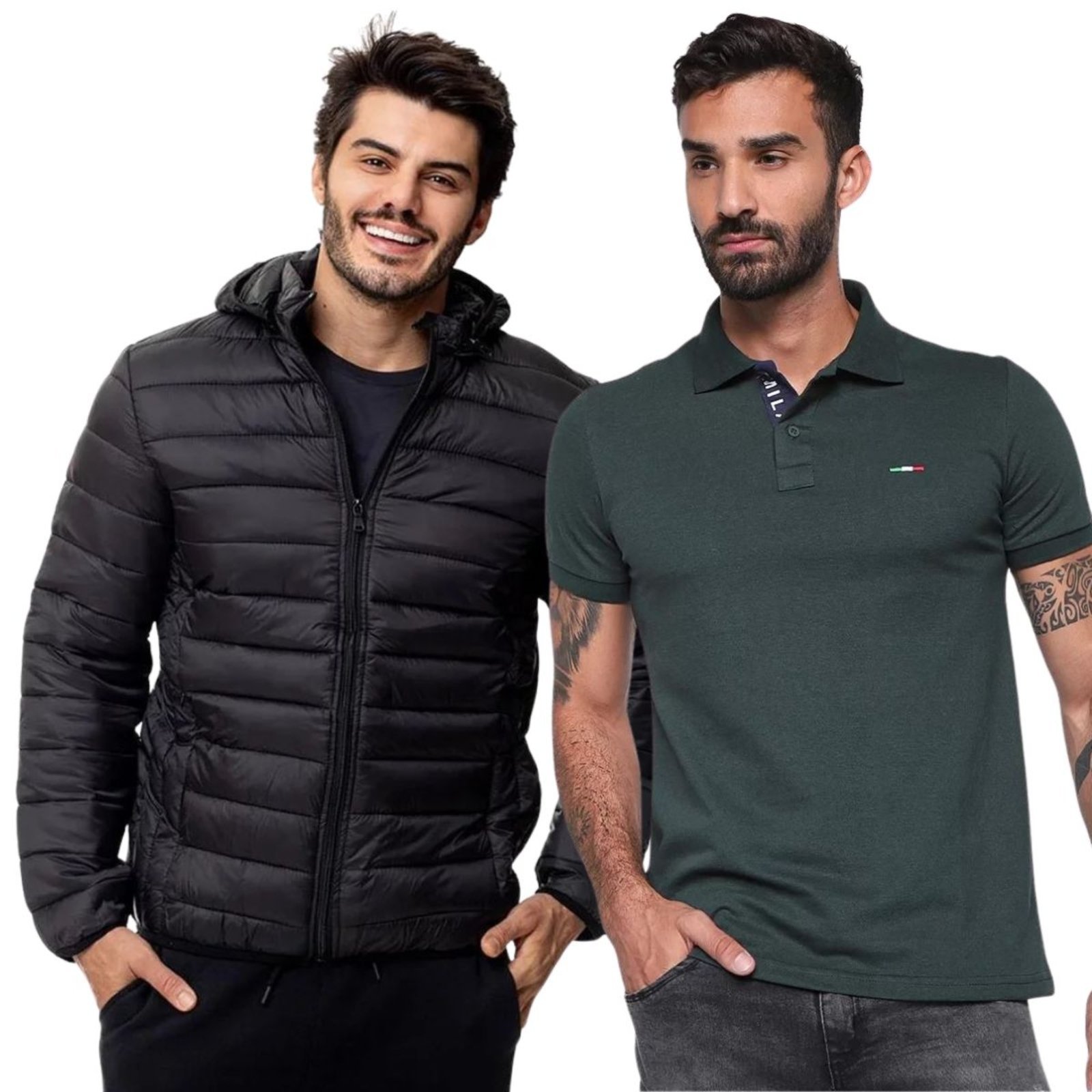 Kit FMF Jaqueta Puffer e Camisa Polo Verde Masculina Preto