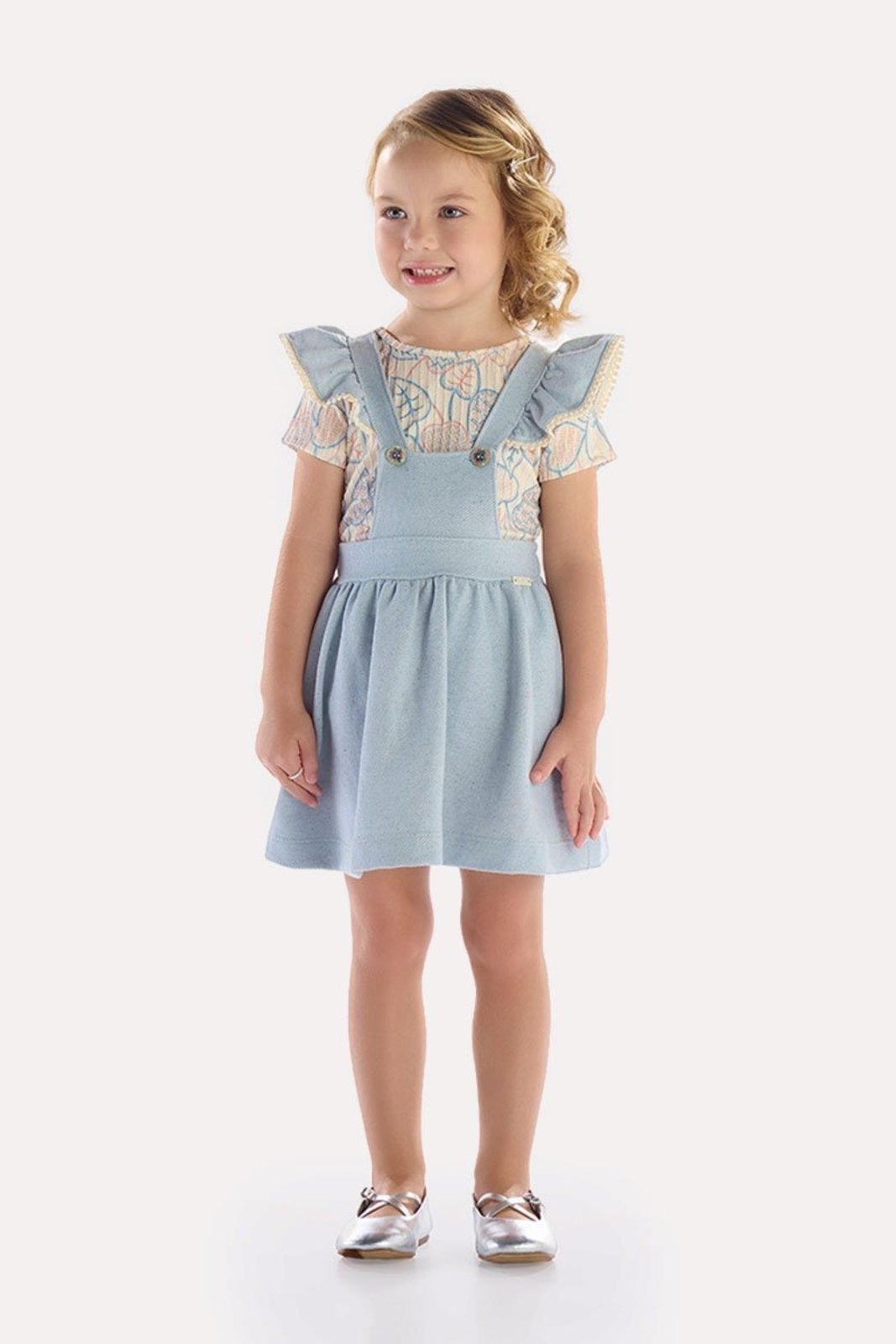 Infantil - Conjunto Blusa Azul com Brilho e Salopete em Moletom com Linho