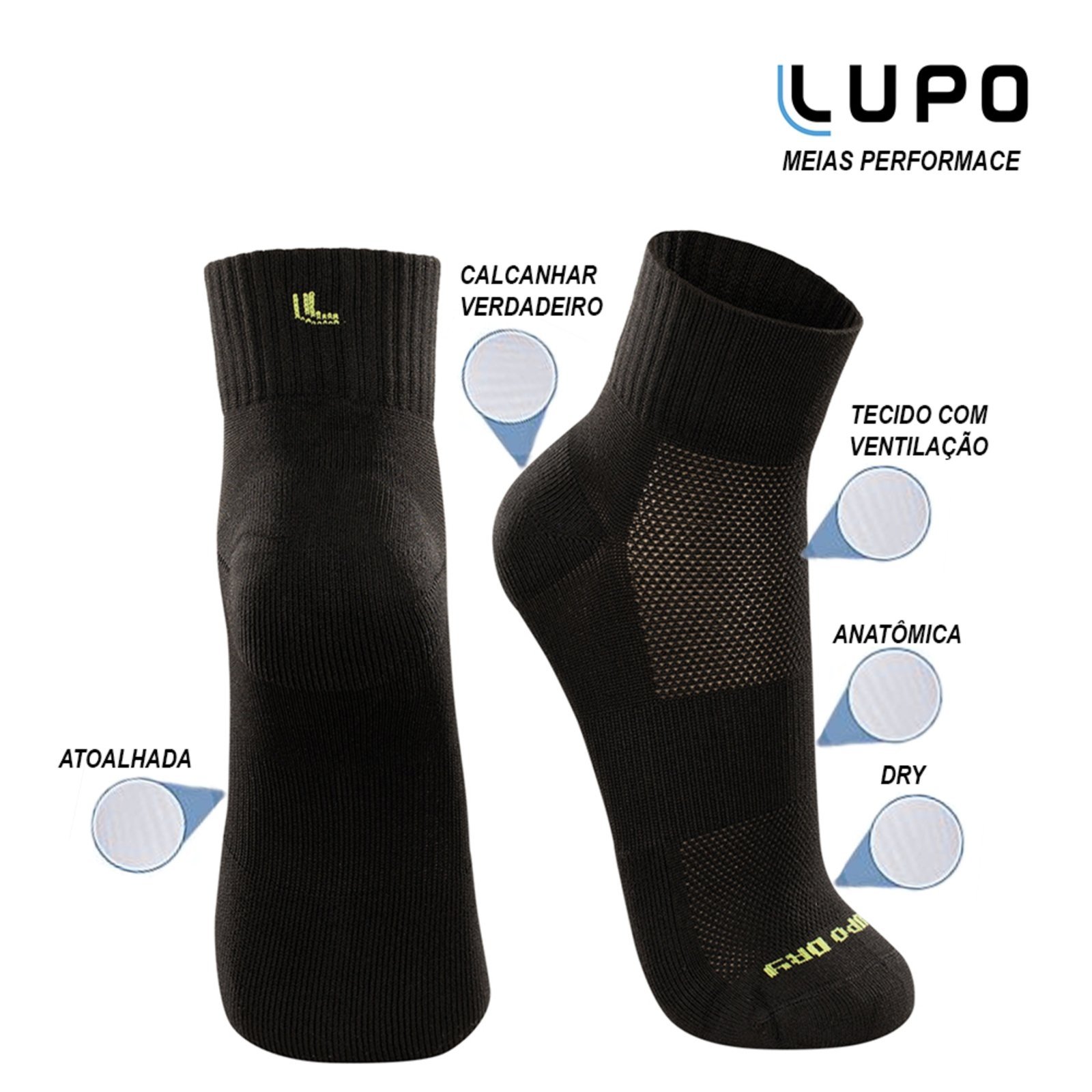 Vista 3 Meia Cano Médio Lupo Performance Dry Anatômica 03360 preto Lupo preto