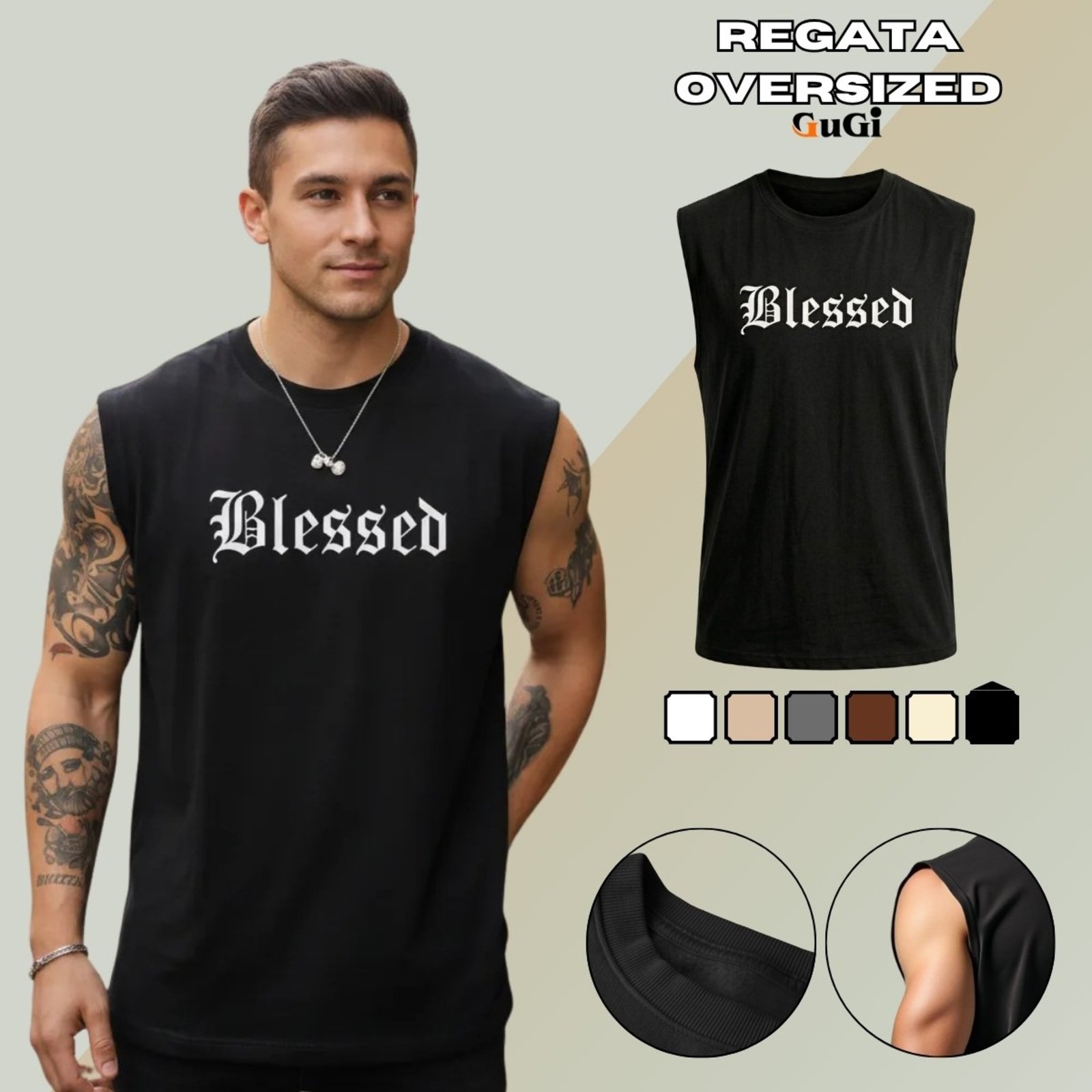Camiseta Regata Masculina Oversized Estampada Blessed Abençoado 100% Algodão Preto
