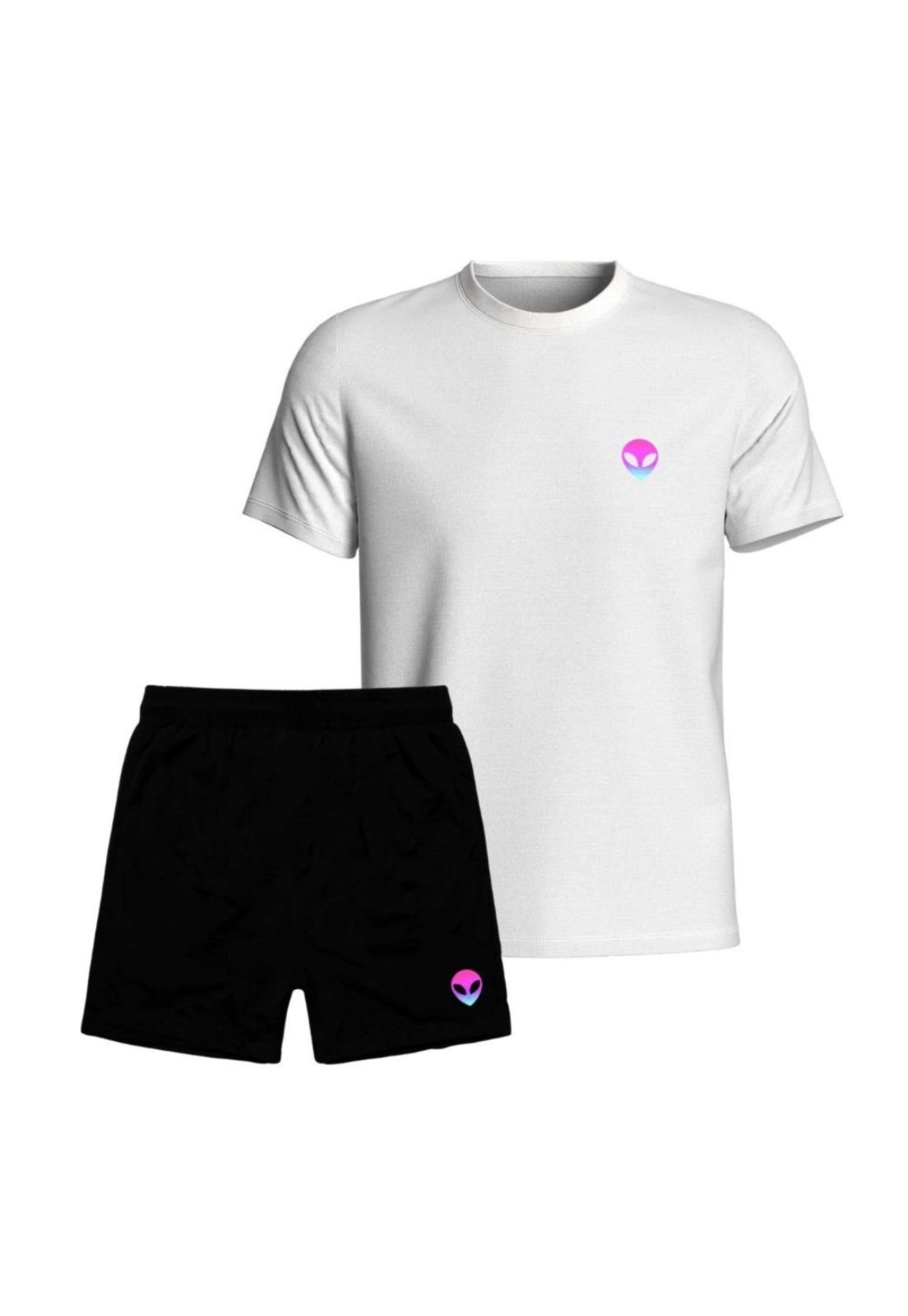 Conjunto Verão Moda Praia Camiseta Algodão Short Tactel Alien