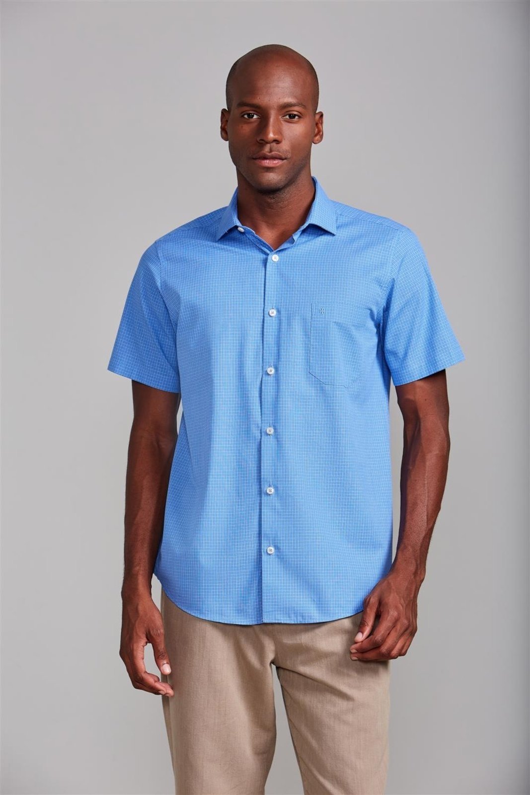 HIGHSTIL Camisa Manga Curta com Bolso Comfort Listrada – Azul Médio