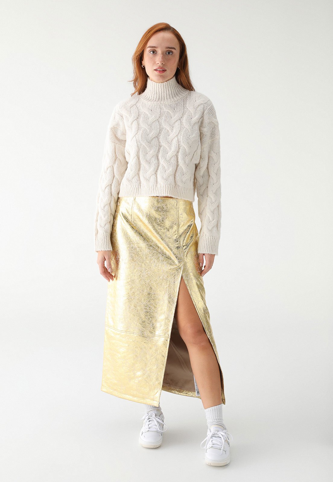 Saia TOPSHOP Midi Metalizada com Fenda Dourada
