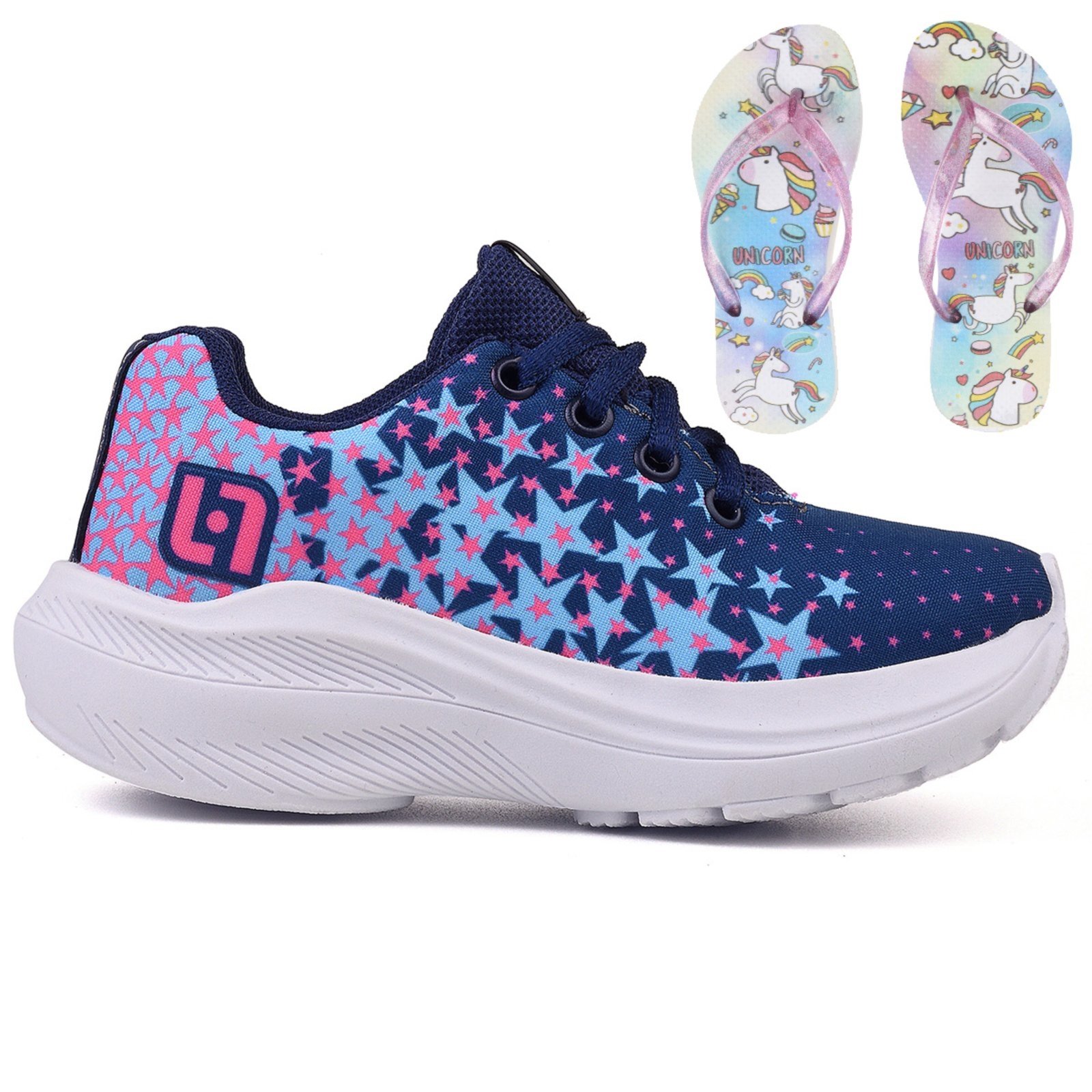 Infantil – Tenis Meninas Casual Escolar Calce Facil Marinho + Chinelo