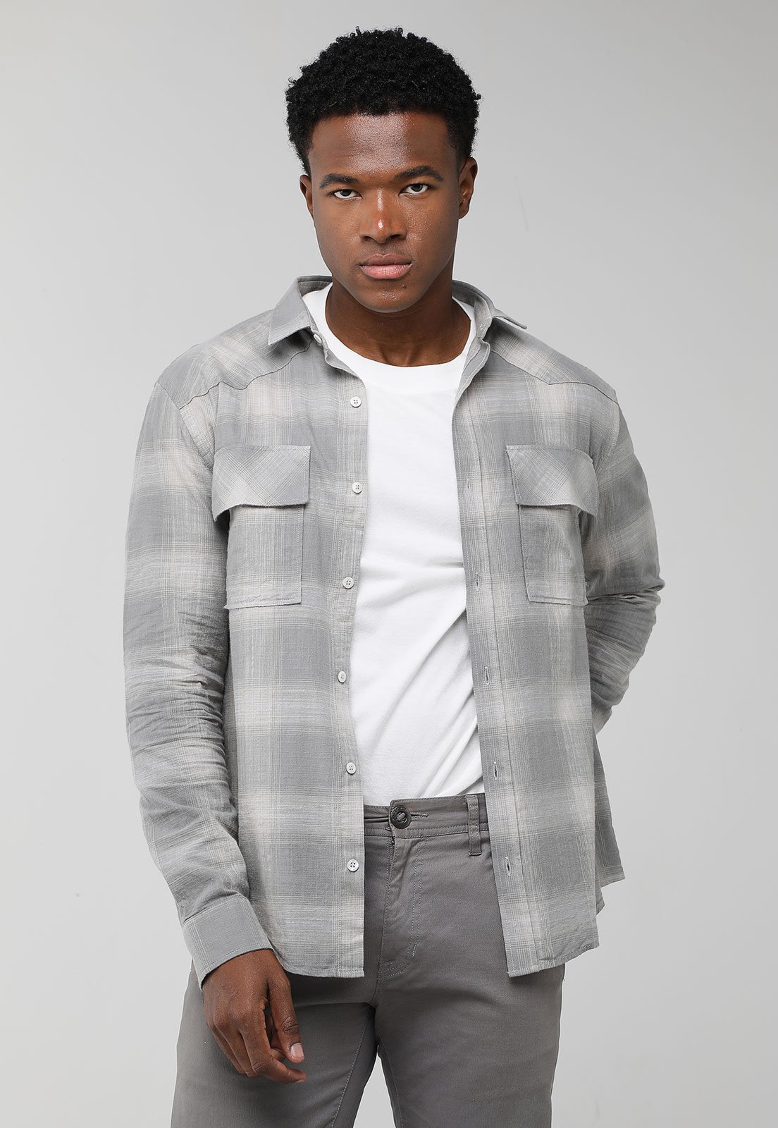 Camisa John John Xadrez Manga Longa Cinza