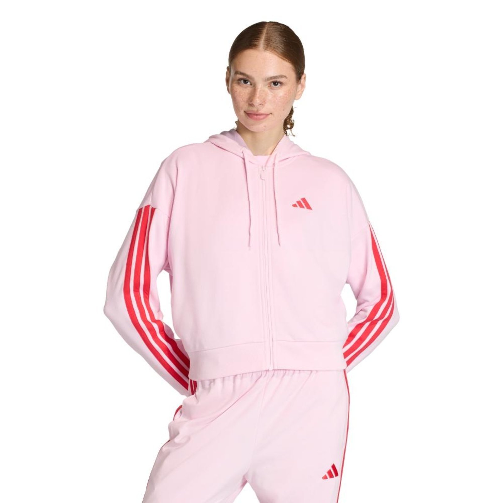 Moletinho Capuz Zíper Essentials Três Listras adidas Sportswear Rosa
