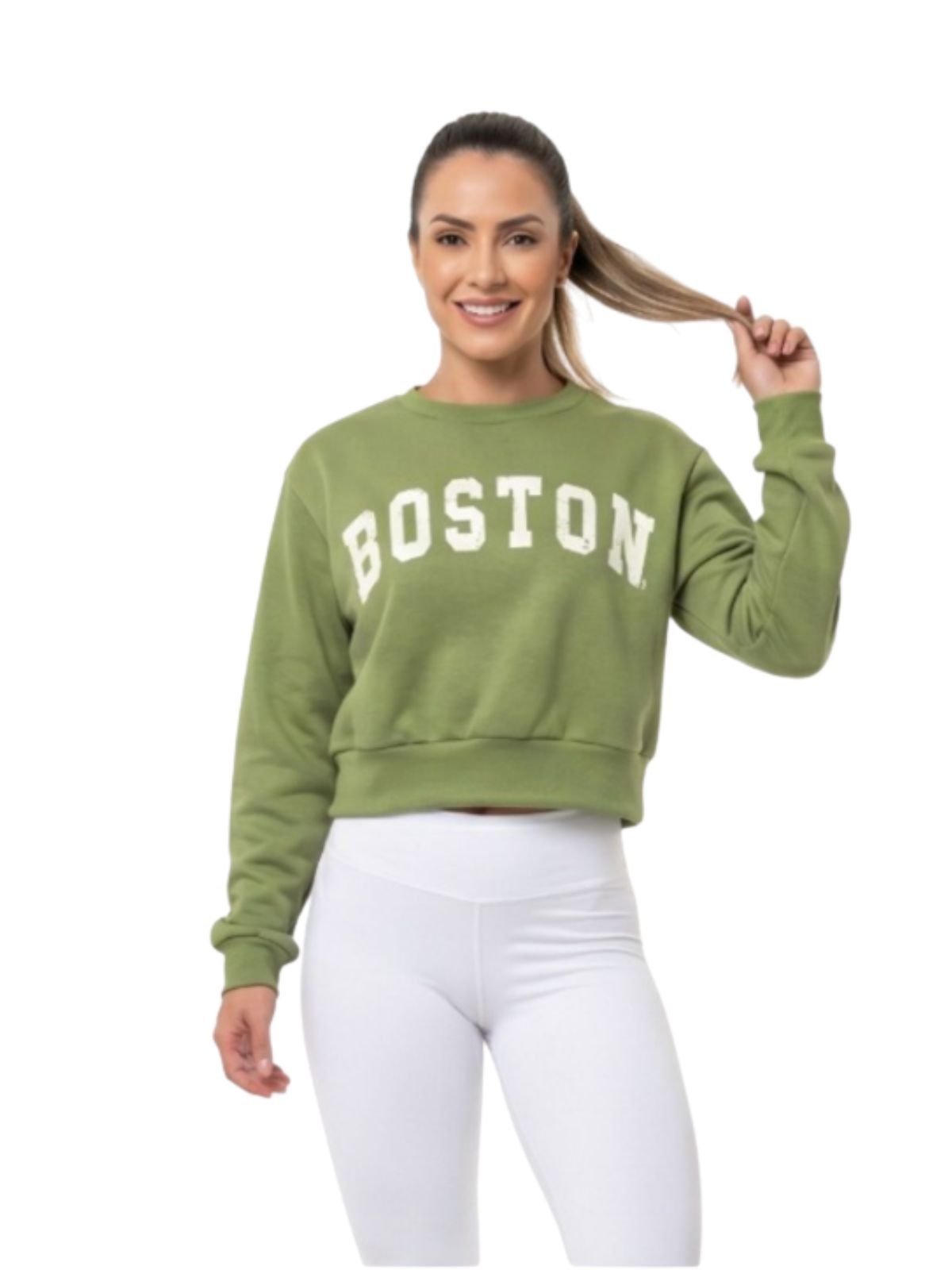 Blusa Cropped de Moletom Feminina Flanelada Verde com Estampa