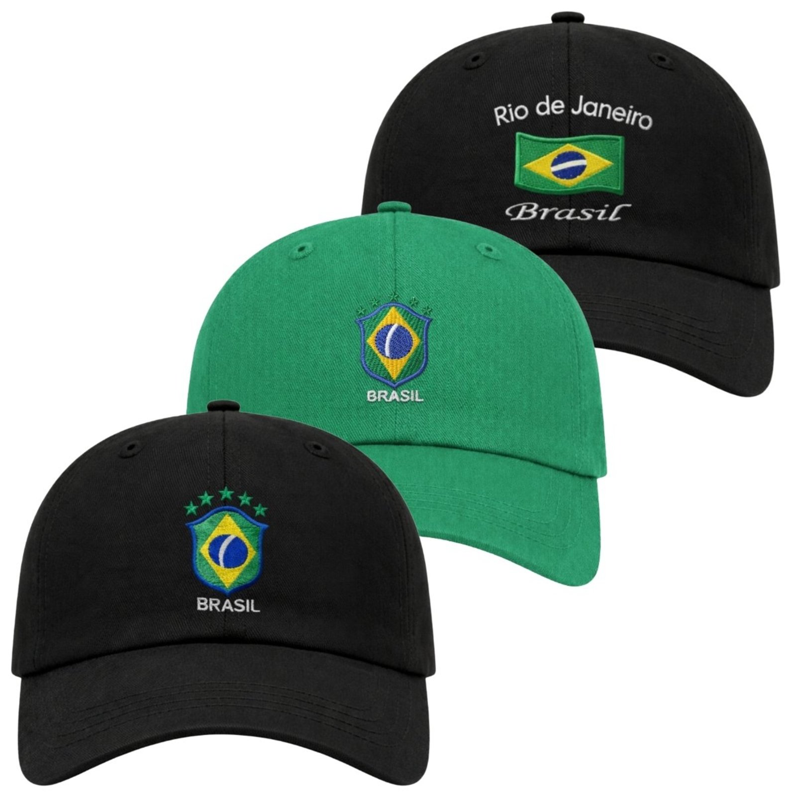 Kit 3 Bonés Aba Curva com Ajuste Moderno Confortável Brasil Bordado