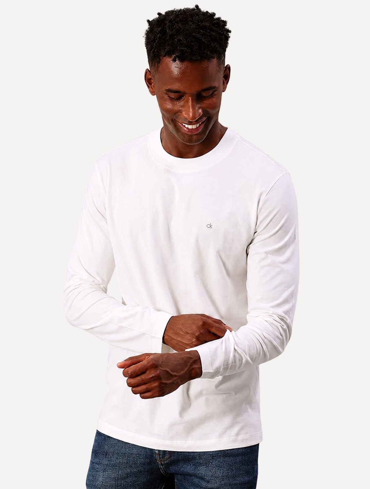 Camiseta Calvin Klein Jeans Masculina Manga Longa Rubber CK Frontal Off White