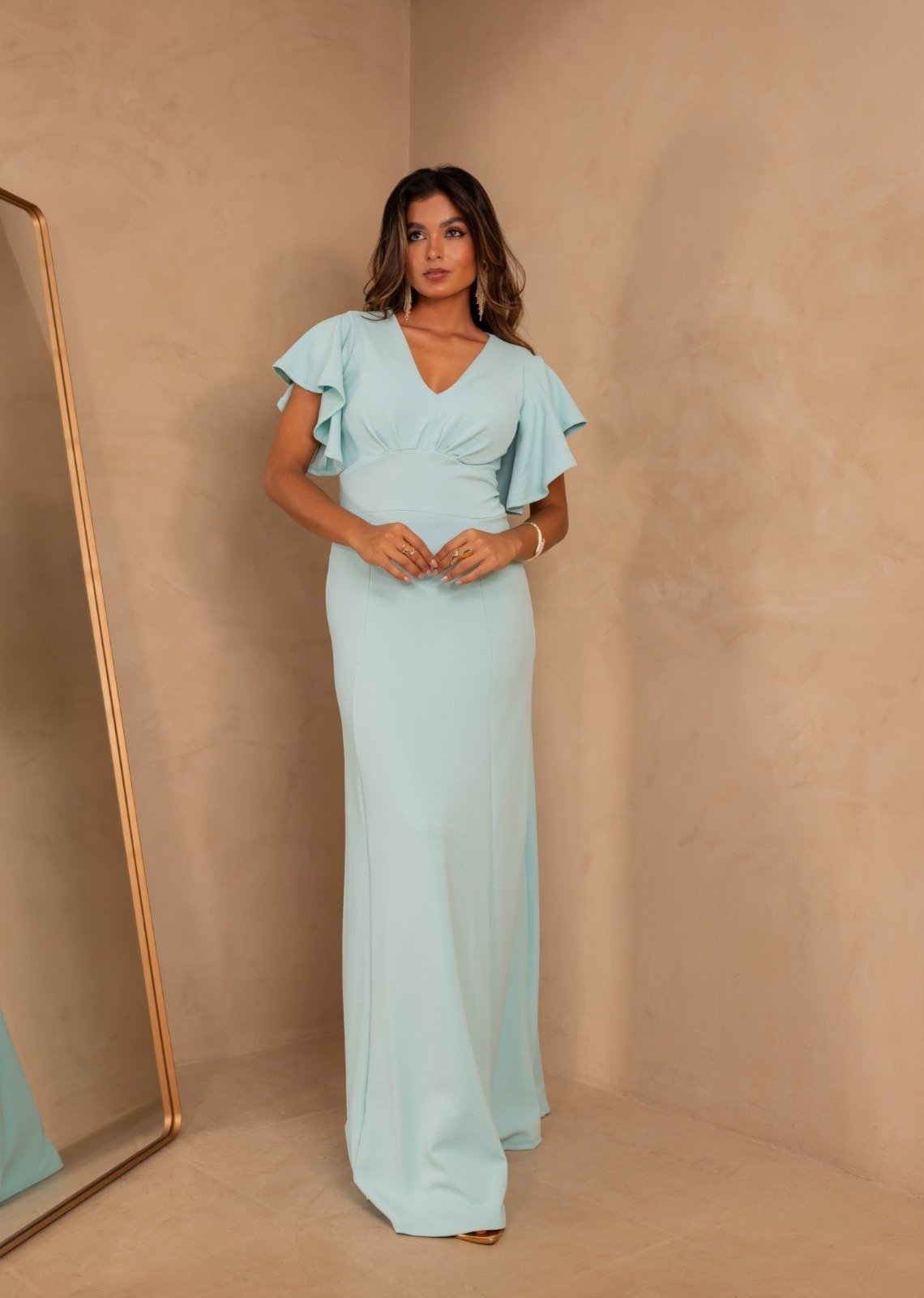 Vestido Longo de Festa Decote em V Crepe Tila Cia Do Vestido Azul Serenity