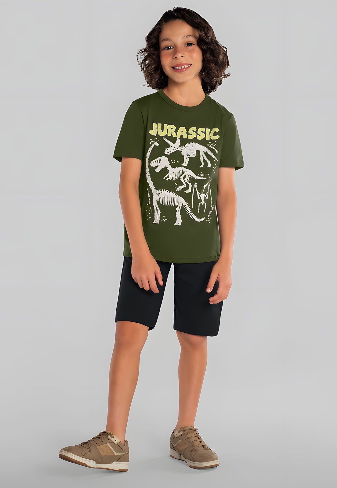 Infantil - Conjunto Curto Brandili Estampa Dinossauro Verde Oliva