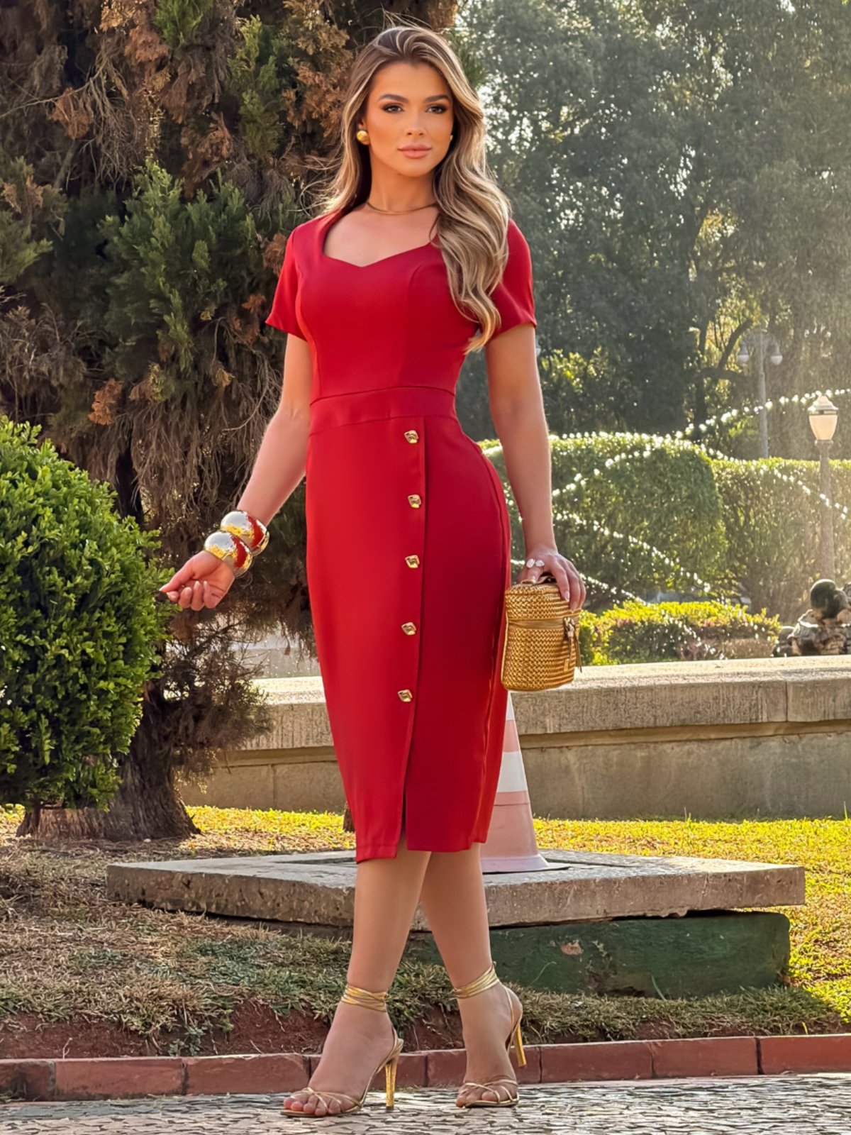 Vestido Tubinho Midi Feminino Alfaiataria Elegante com Botões Terracota