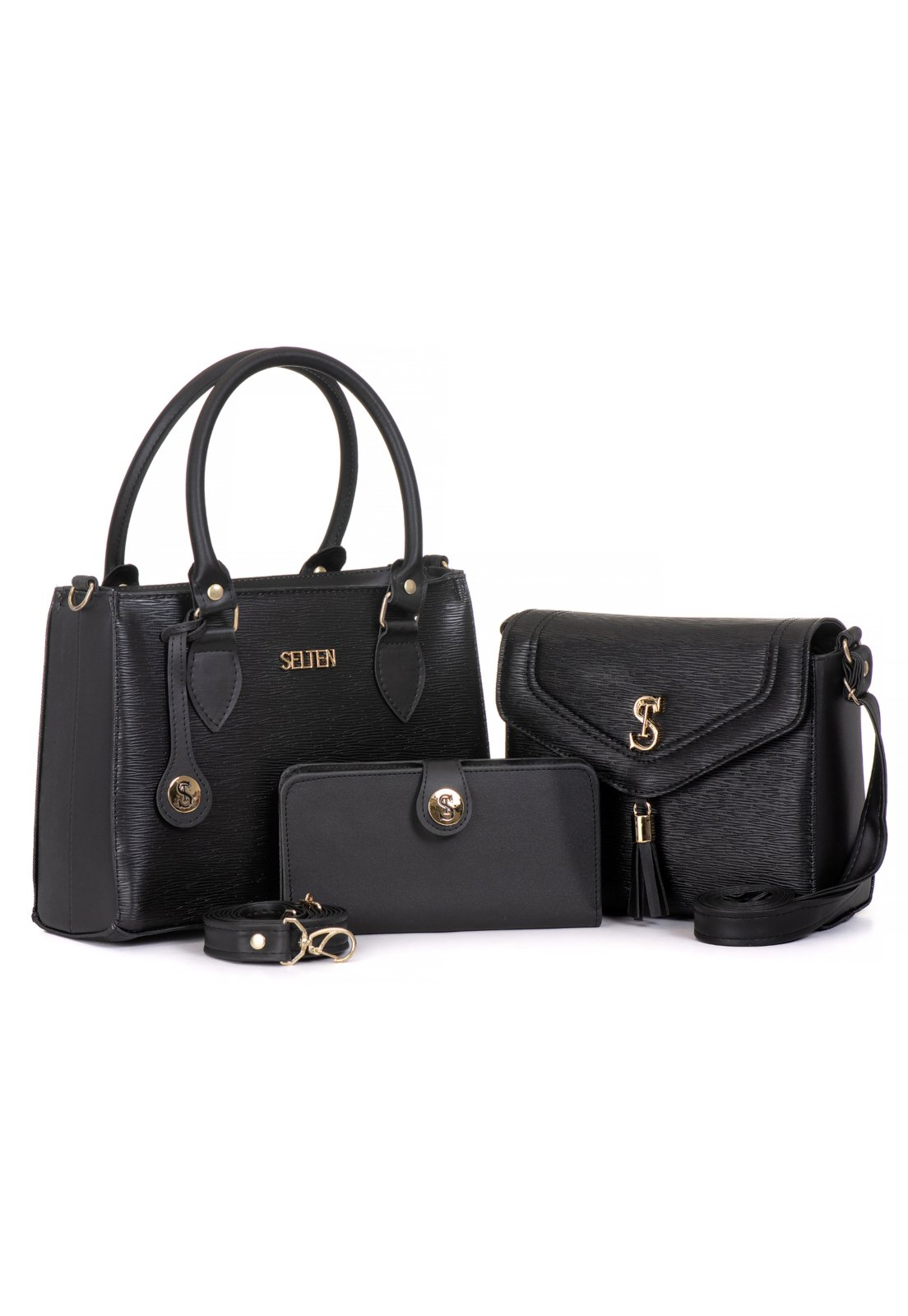 Kit Bolsa Feminina Alça Lateral e Transversal + Bolsa Média Tampa E Carteira Preta Selten