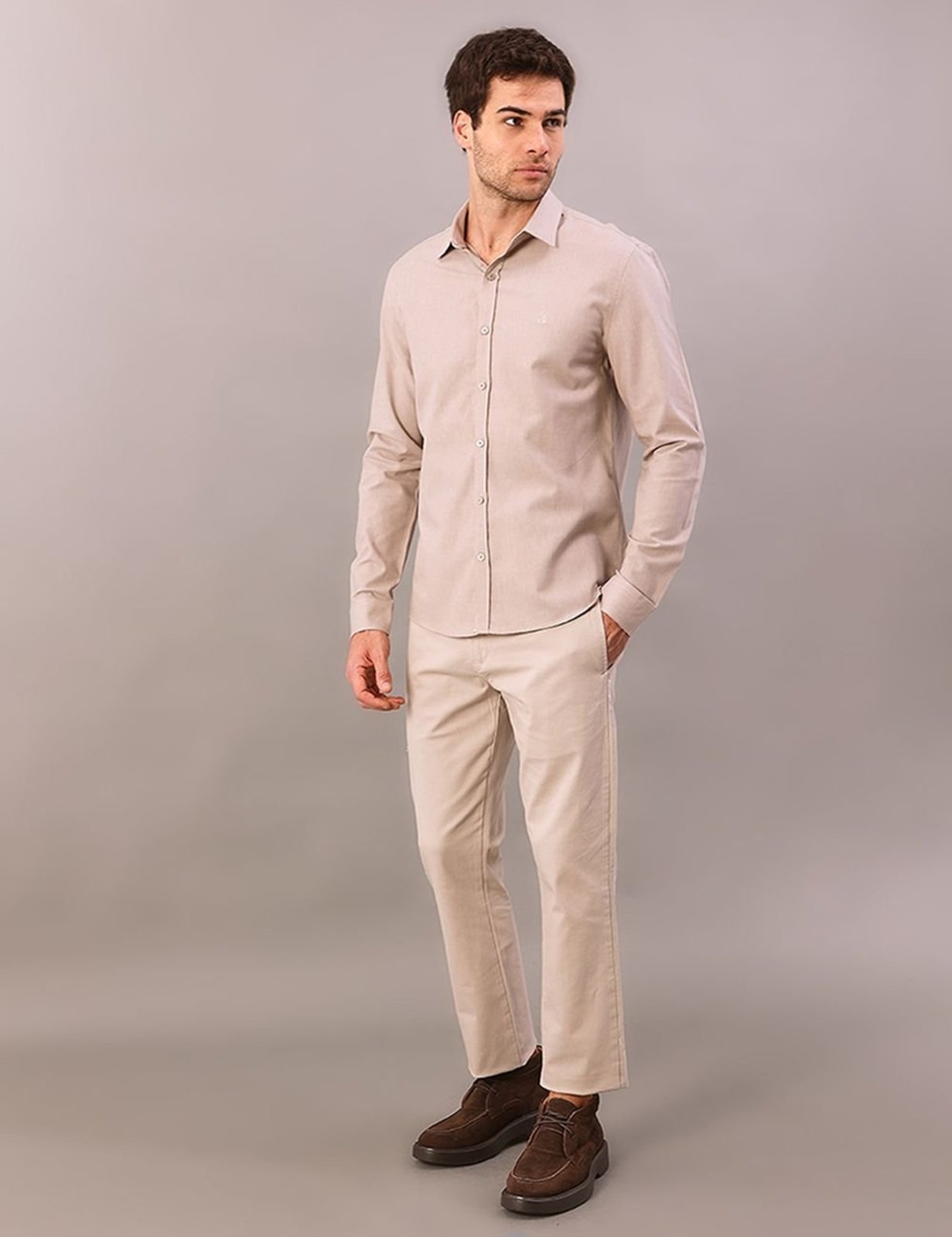 Camisa Manga Longa Slim Sarja Leve - Caqui Medio Calvin Klein Jeans