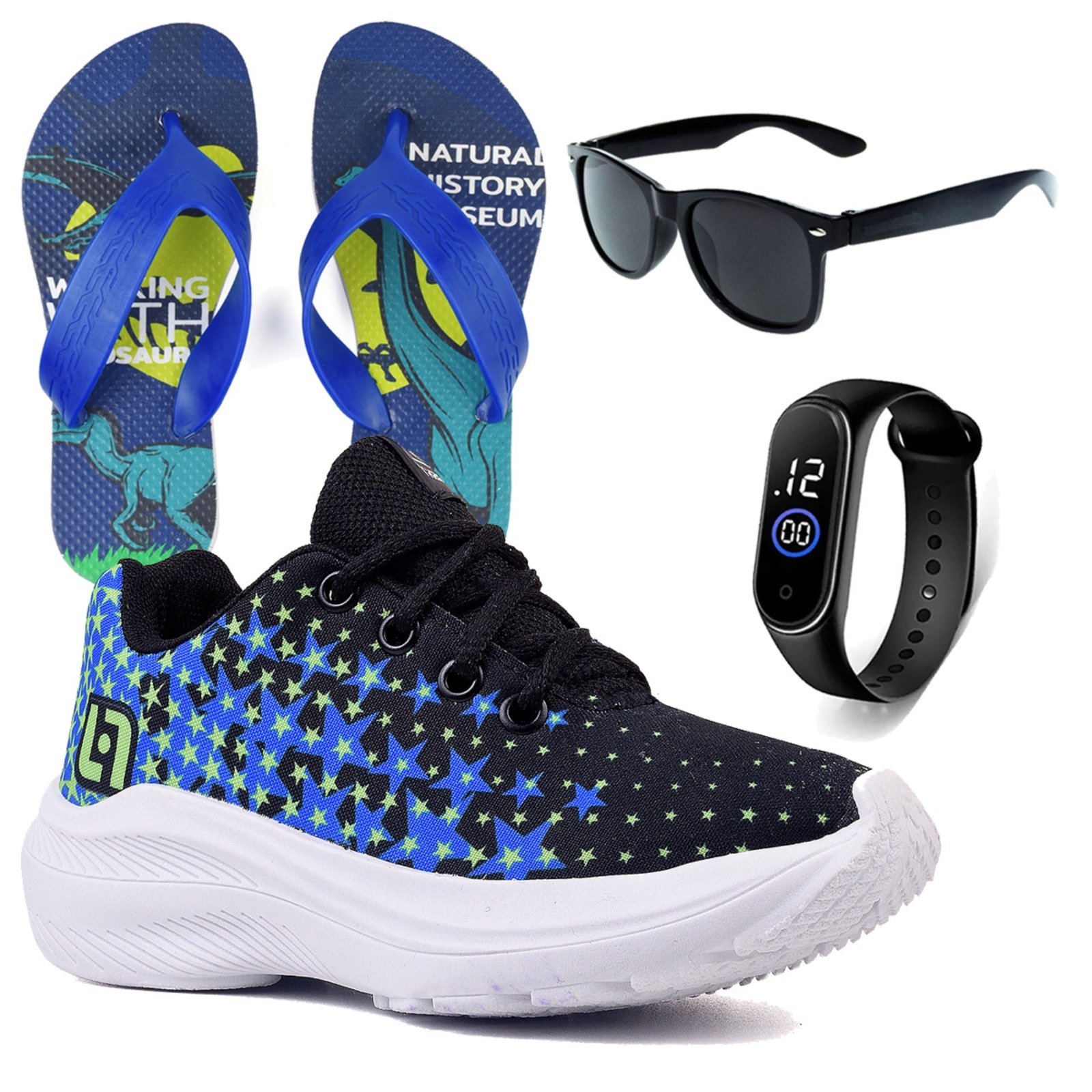 Vista 2 Infantil - Tenis Meninos Casual Preto e + Chinelo Óculos e Relógio CALCADOS LGHT LIGHT azul CALCADOS LGHT LIGHT azul
