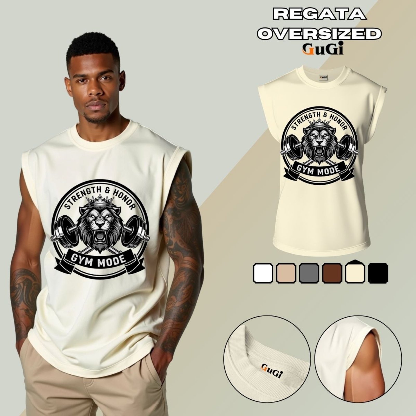 Regata Masculina GuGi Muscle Machão Estampada Academia Treino Fitness Algodão 30.1 Off White