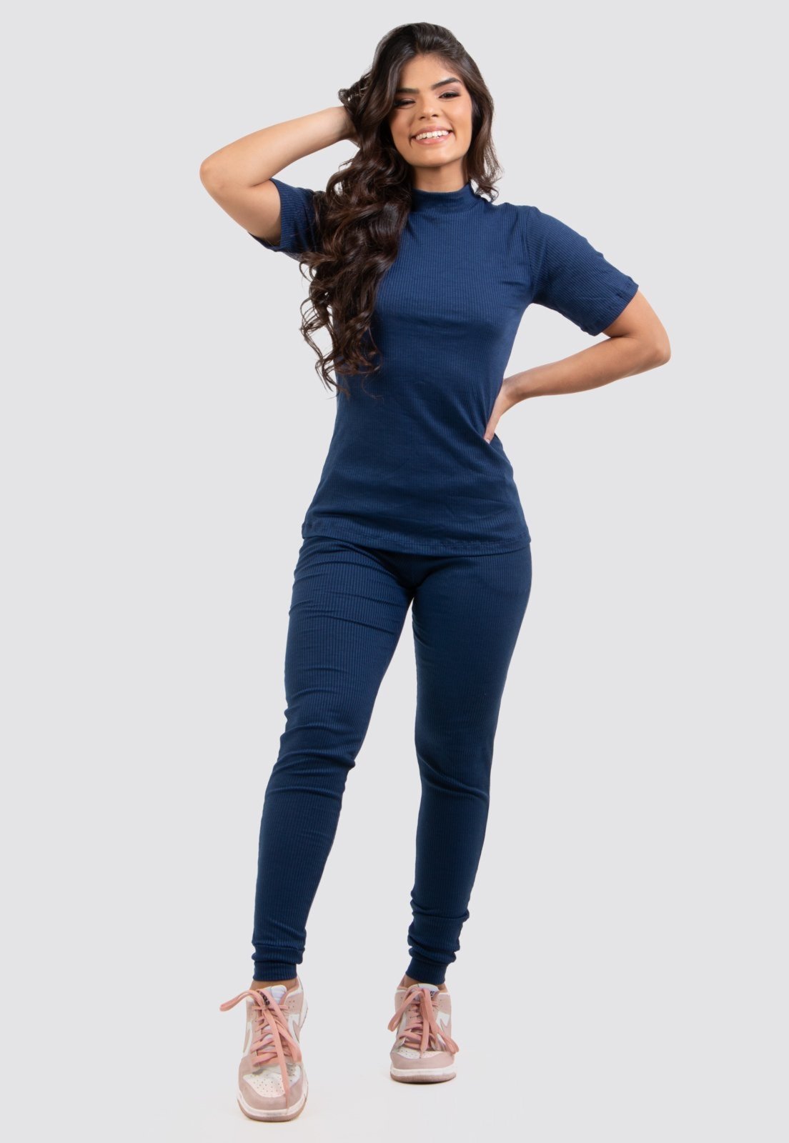 Conjunto Casual Rioutlet Canelado Manga Curta Azul Marinho