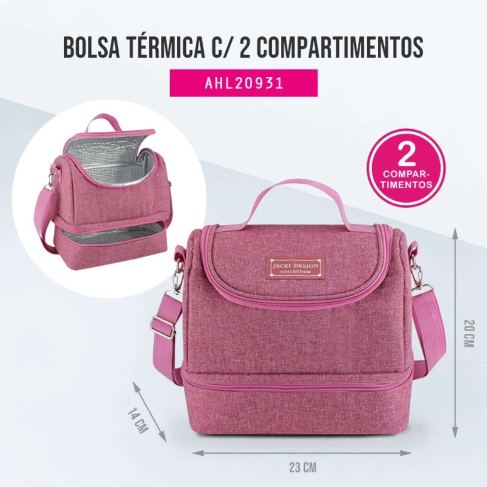 Conjunto de Bolsa Térmica c/ 2 Compartimentos, Pote Marmita e Garrafa, Porta Talher e Porta Escova Rosa