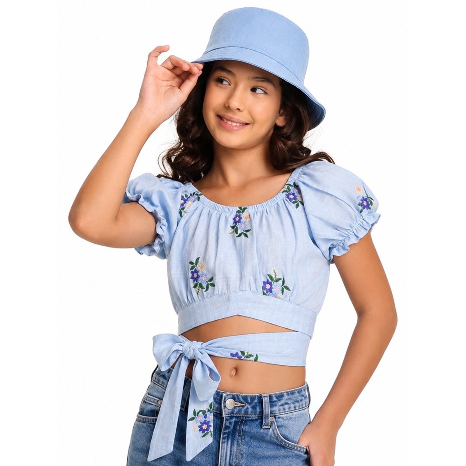 Infantil - Blusinha Juvenil Look Jeans Cropped Azul