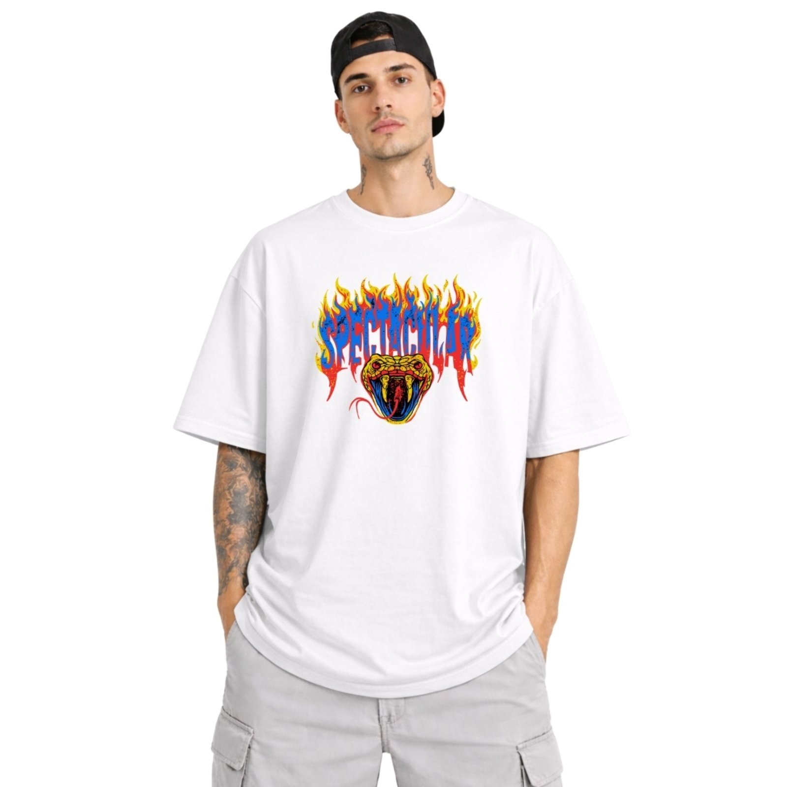Camiseta Oversized de Algodão Masculina Ideal para Academia e Esportes Gola Redonda Estampado