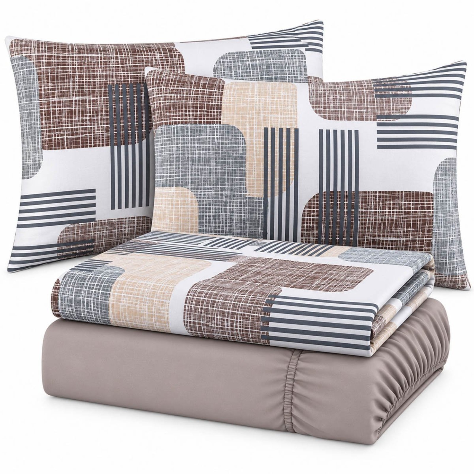 Jogo de Cama Lençol Casal Malha Soft 100% Algodão Fio Penteado Estampado Toque Macio 4 Peças Geométrico Bege