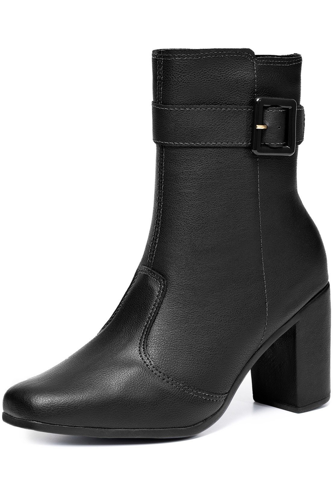 Bota Feminina Lumiss Confortável Cano Médio Salto Alto Bloco Fivela Bico Quadrado Preto