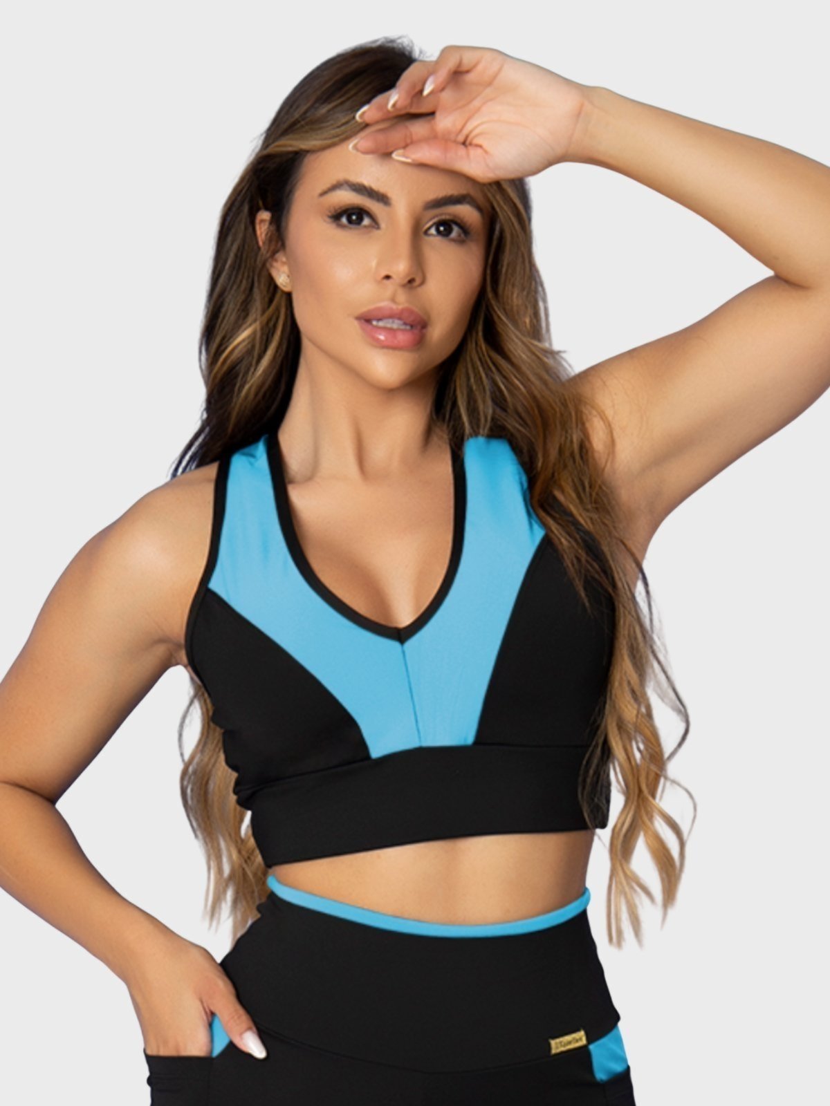 Top Fitness Tarelles Alça Larga Cropped Forrado Preto e Azul Céu