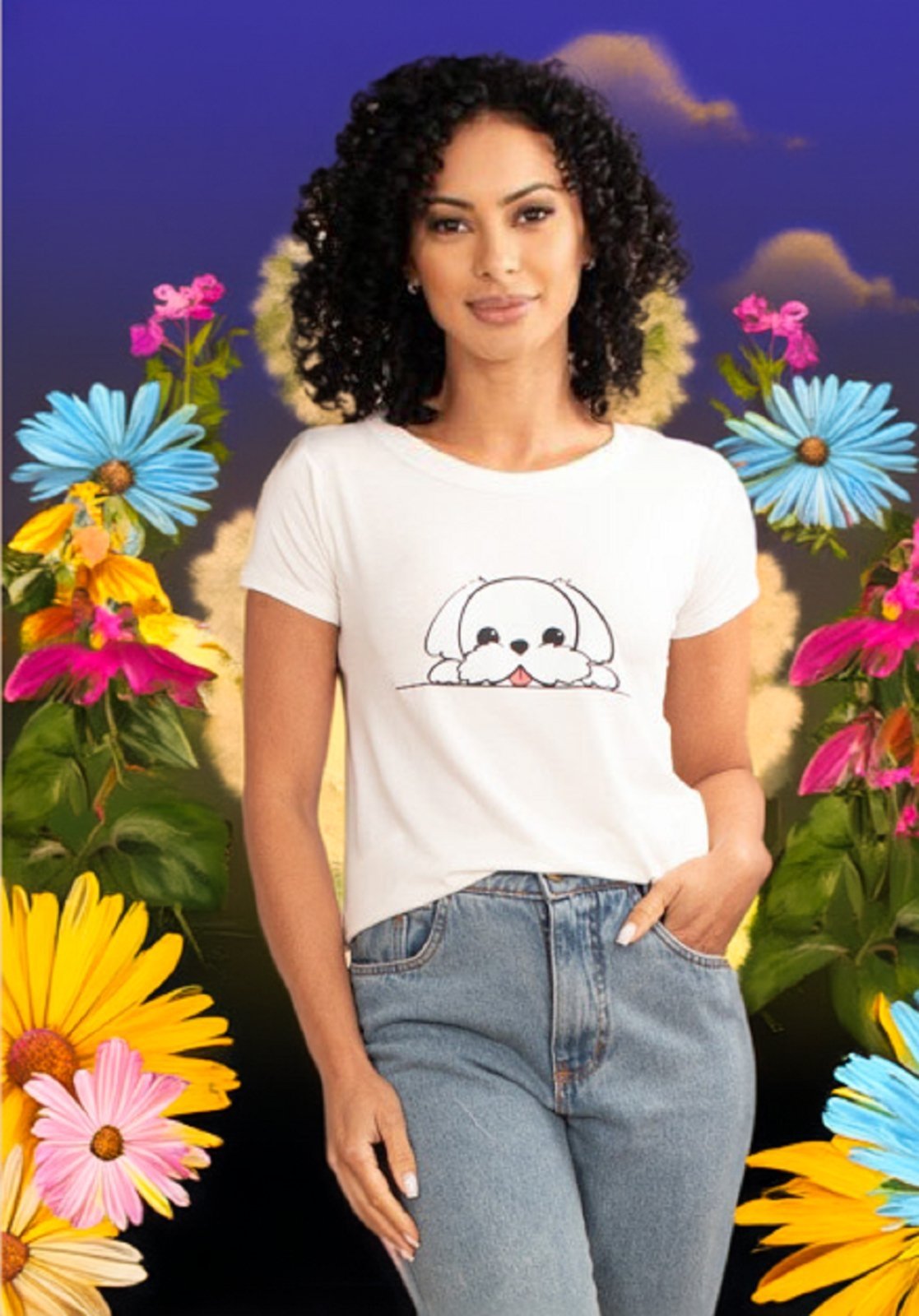 T-Shirt Baby Malha Manga Curta Corte a Fio Off White Cachorro Fofo